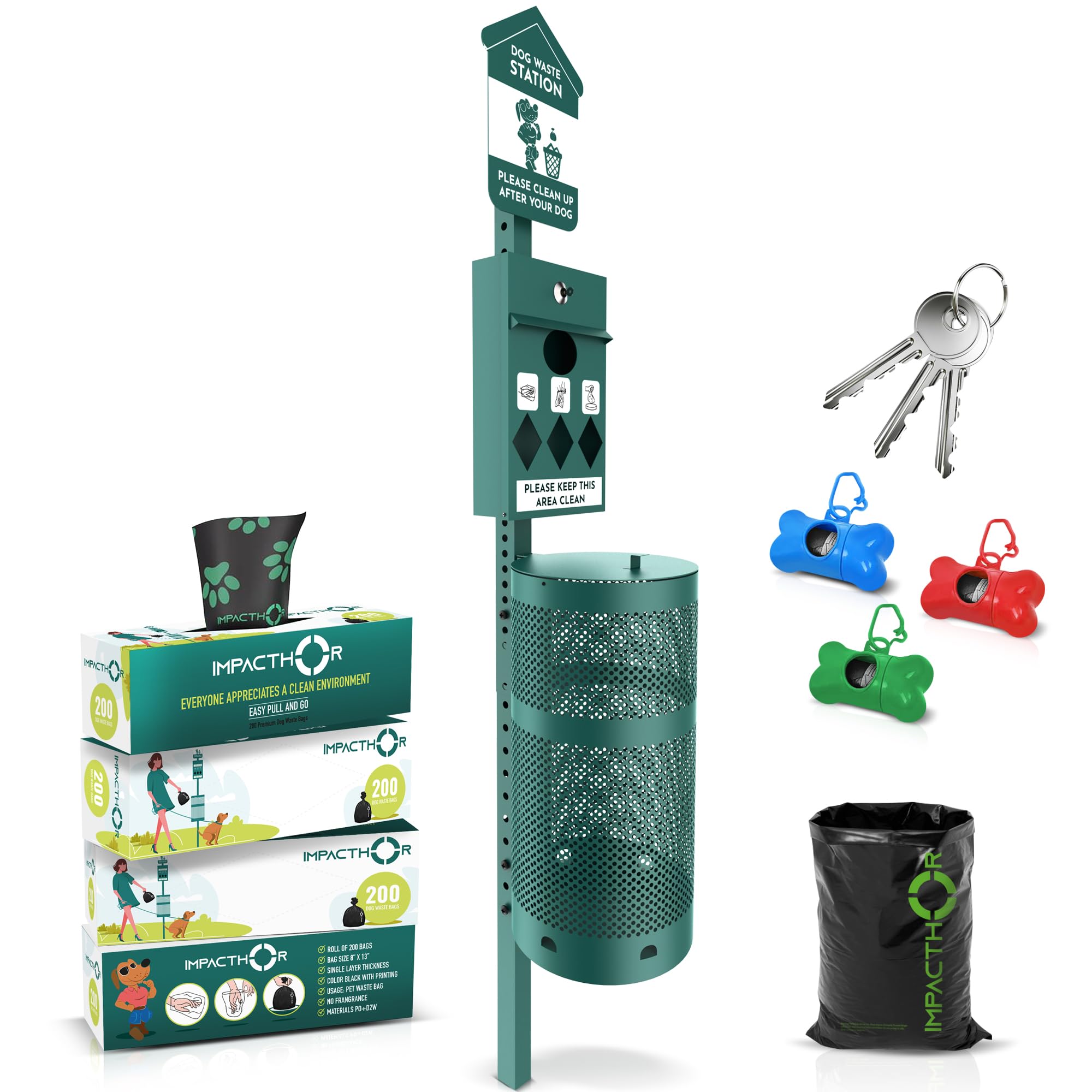 Impacthor Dog Waste Station Outdoor Pet Waste Station- Desing With 4 Wholes And 800 Dog Poop Bags, 50 Waste Can Liners, 3 Poop B