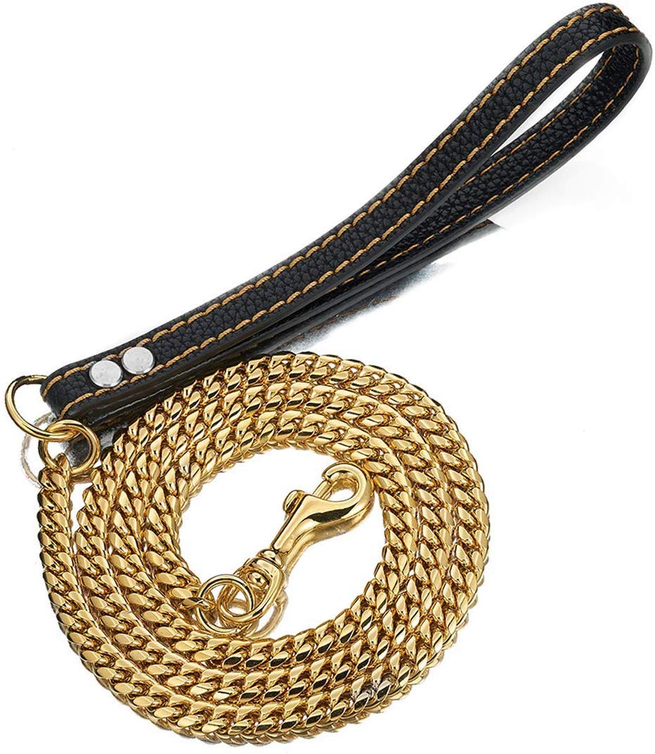 Aiyidi Strong Dog Chain Gold Leash Long 3FT 4FT 5FT 18K Gold Plated Stainless Steel 12mm Curb Cuban Link Dog Leash with Comforta