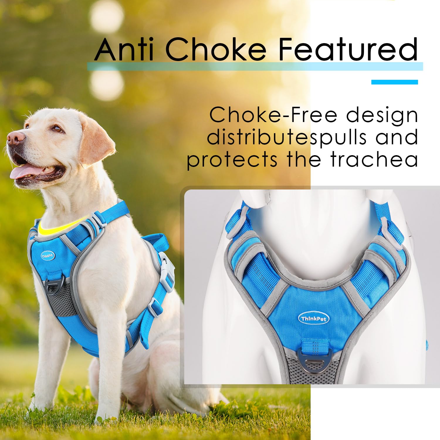 Thinkpet No Pull Harness Breathable Sport Harness With Handle-Dog Harnesses Reflective Adjustable For Medium Large Dogs,Back/Front Clip For Easy Control S Sky Blue