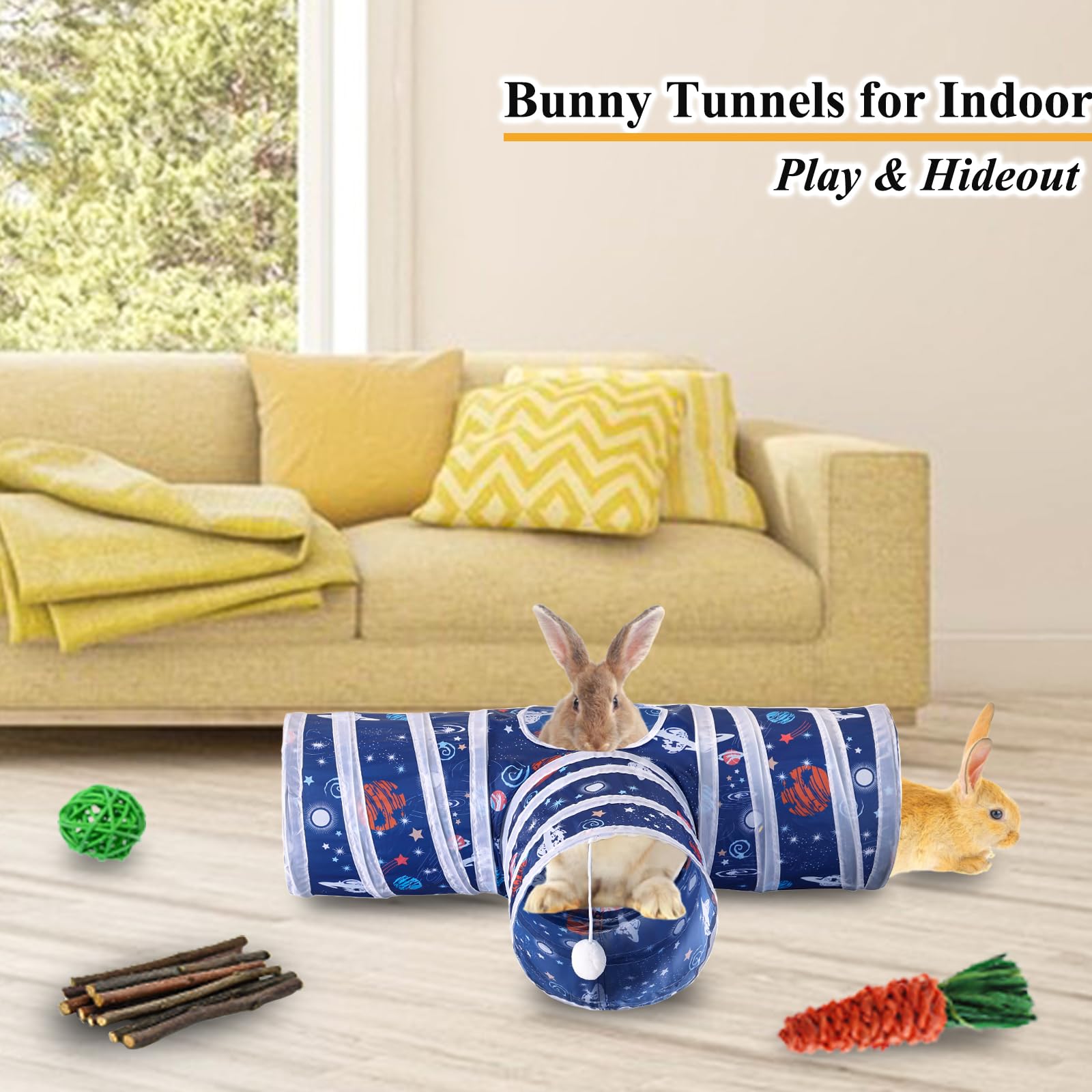 HERCOCCI Rabbit Toys, Collapsible Bunny Tunnels & Tubes 3 Way Rabbit Hideout Tunnel with Chew Toy for Bunny Guinea Pig Ferret Ki