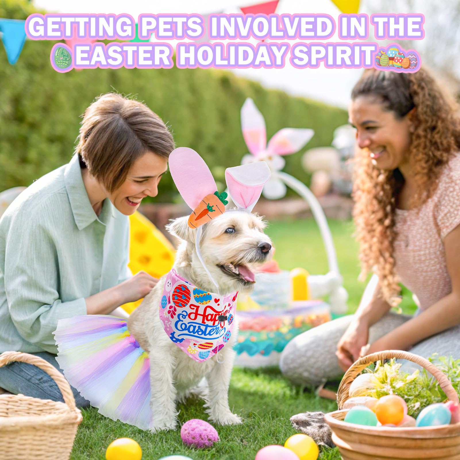 Scenereal Easter Dog Bandana Outfit With Cute Bunny Ears Headband And Tutu Dress, Puppy Holiday Costume Accessory, Pink Eggs Rab