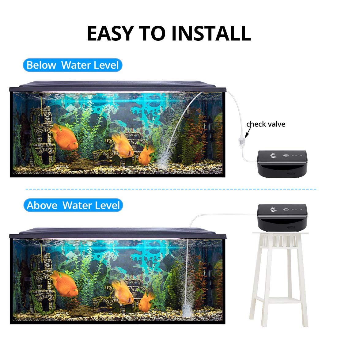Aqqa Aquarium Air Pump, Battery Rechargeable Portable Bubbles Oxygen Pump For Fresh & Saltwater Aquariums Tanks With Air Stone, Tube, Usb Cable And Adapter (1.7 W For 1-100Gal Tank)