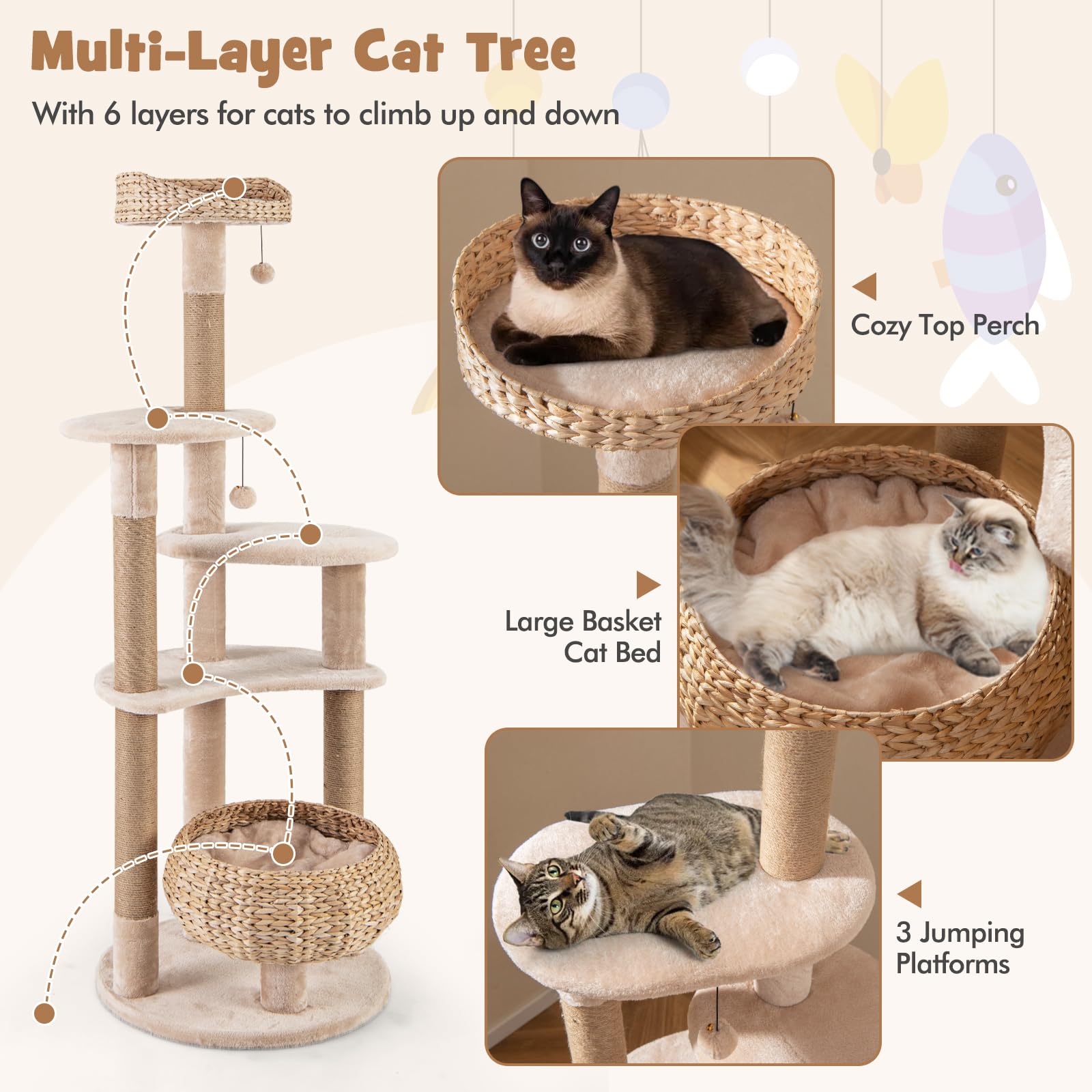 Petsite 65 Inch Cattail Cat Tree Tower, Multi-Level Cat Tower With Natural Jute Scratching Posts, Cat Bed, Top Perch, Dangling B