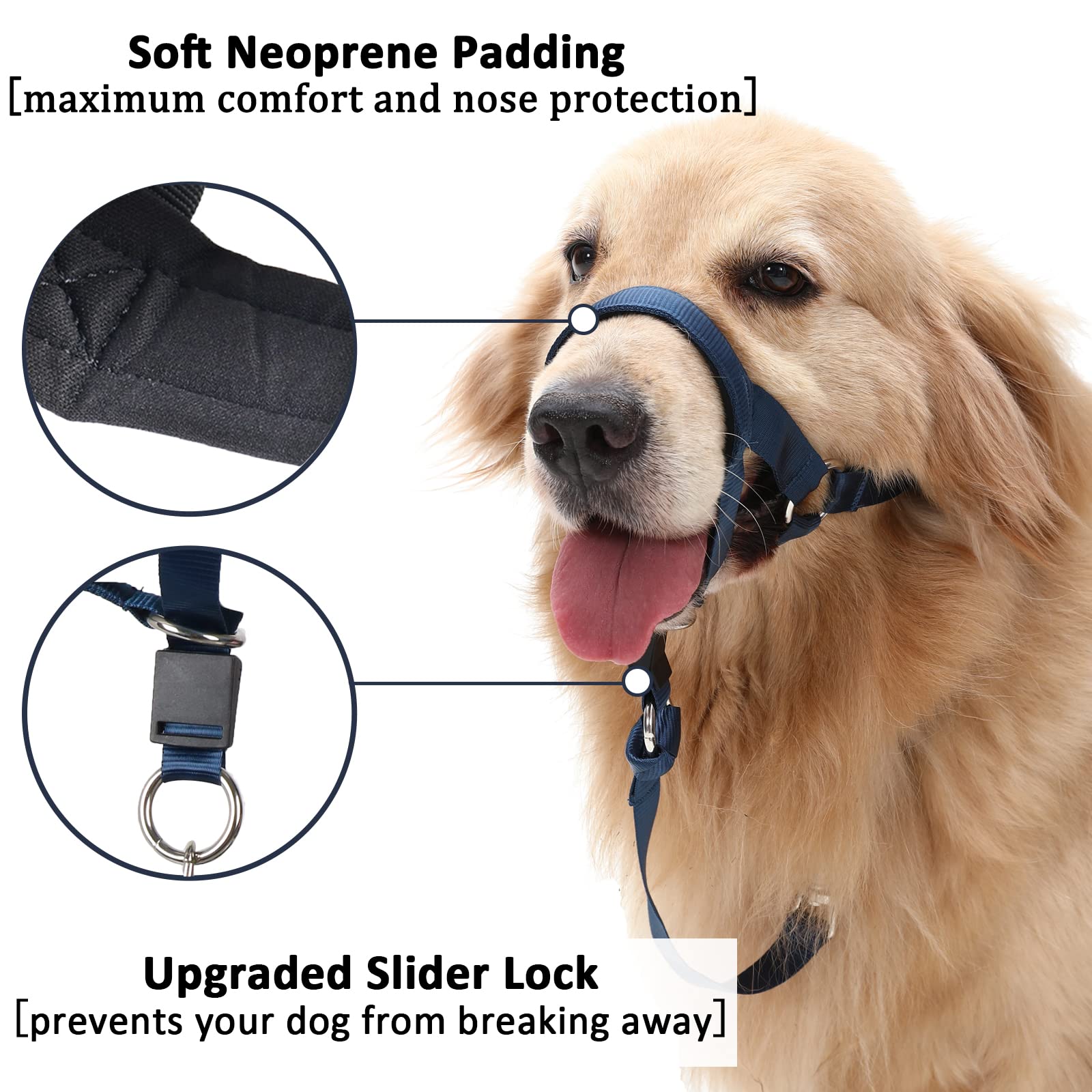No-Pull Head Collar For Dogs Training & Walking Made Easy, Soft Dog Halter Harness With Expert Training Guide - Put An End To Pulling On The Leash (M, Navy Blue)