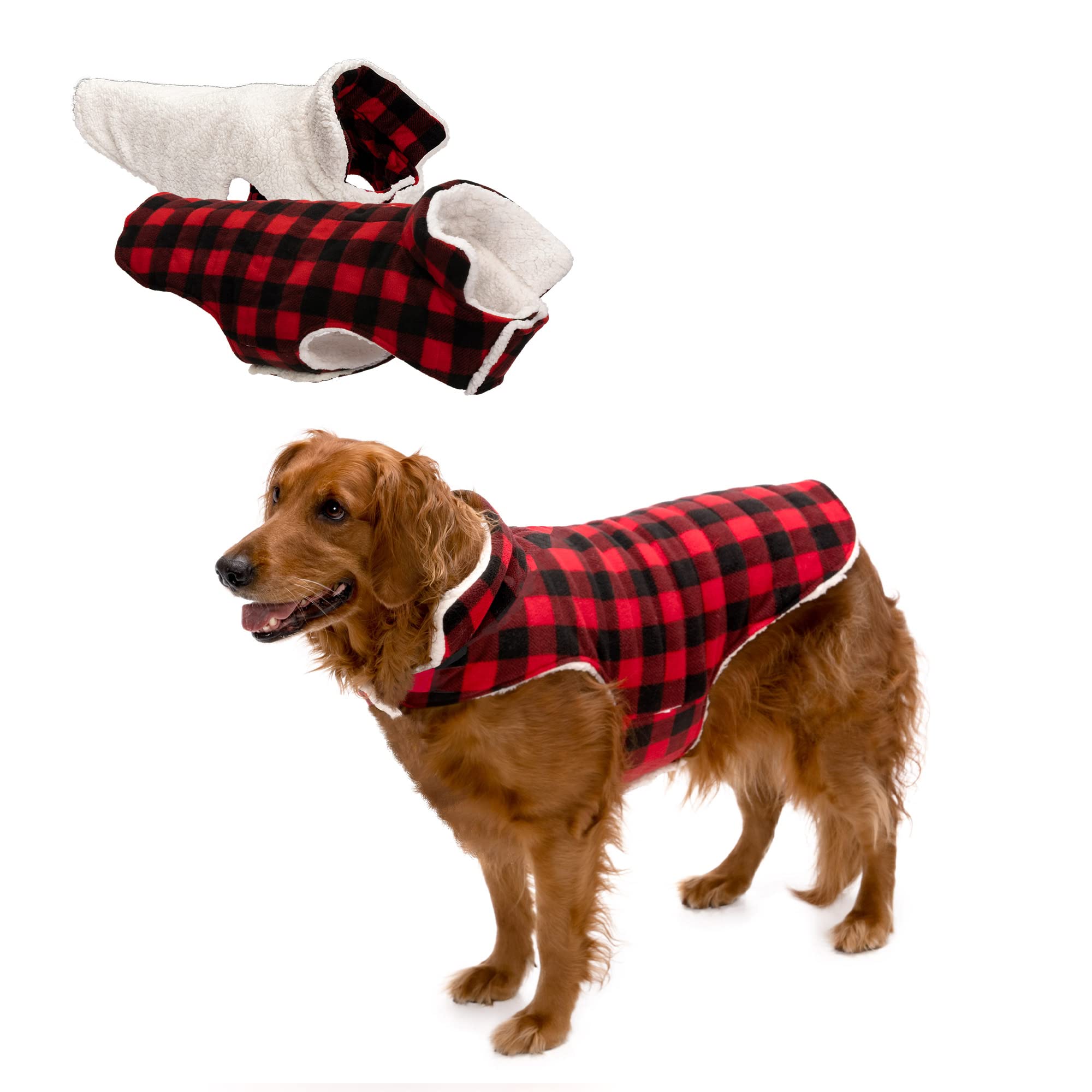 Furhaven Reversible Large Dog Coat, Washable & Insulating W/ Leash Access - Sherpa & Plaid Fleece Flex-Fit Jacket - Cream/Red, Large