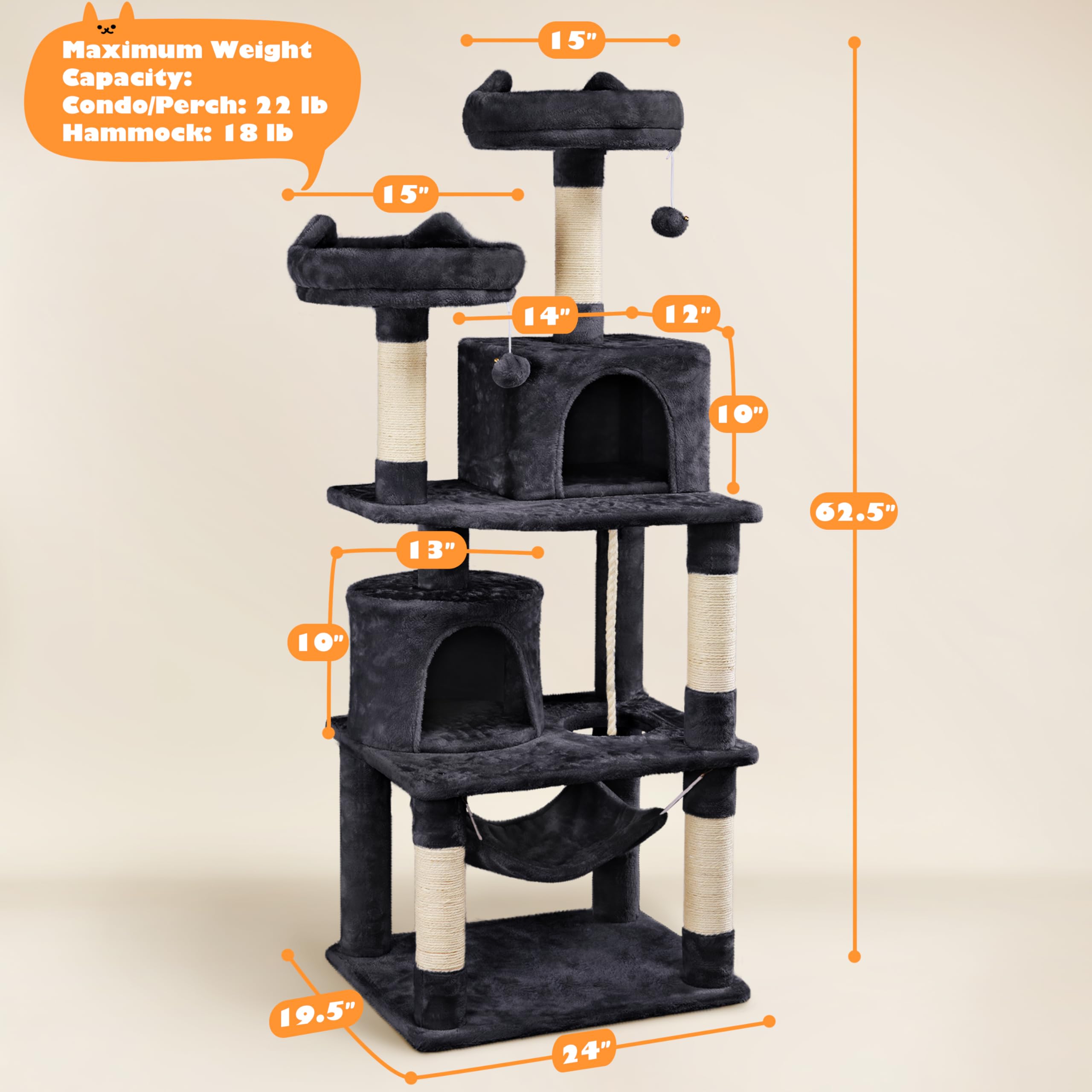 Yaheetech 62.5Inches Cat Tree Cat Tower Cat Condo With Platform & Hammock, Scratching Posts For Kittens Pet Play House With Plus