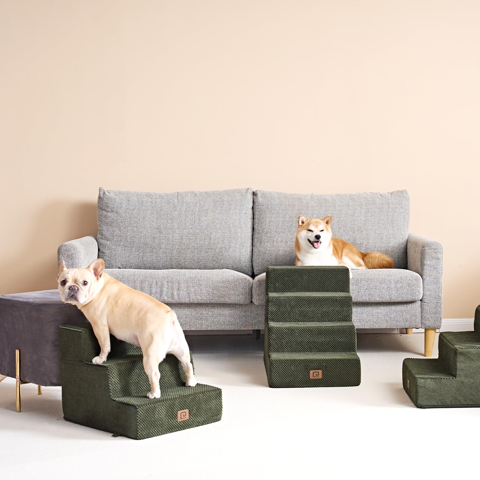 Eheyciga Dog Stairs For Bed 18”H, 4-Step Dog Steps For High Bed, Pet Steps For Small Dogs And Cats, Non-Slip Balanced Dog Indoor Ramp, Olive Green