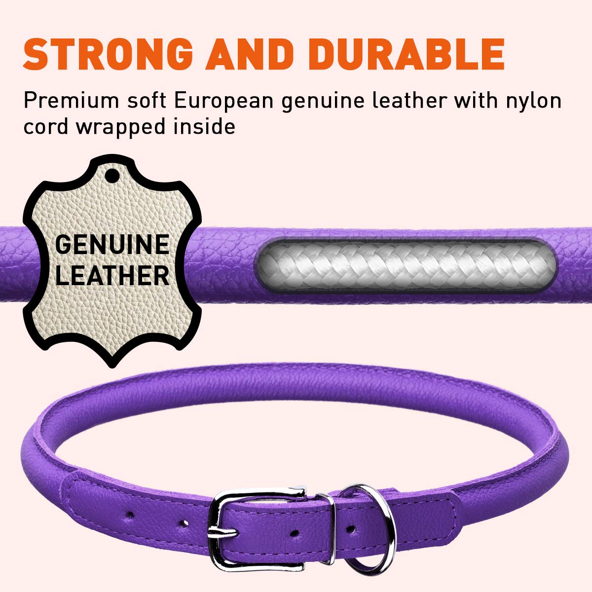 Dogline Soft And Padded Rolled Round Leather Collar For Dogs W1/4'' - L10''-13'' Purple