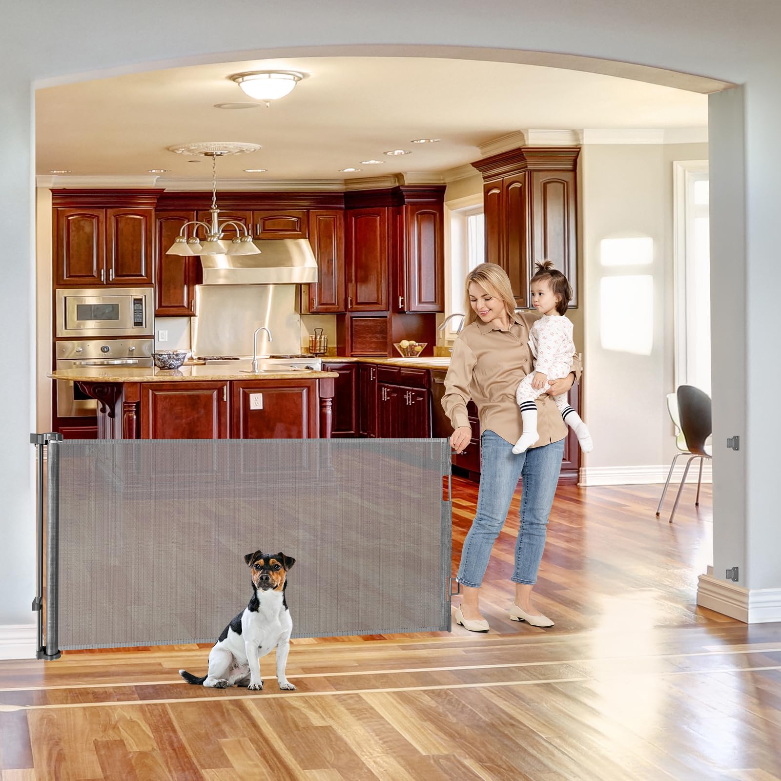 75 Inch Retractable Baby & Dog Gate - Wide & Extra Large Openings, Indoor & Outdoor Use, Gray