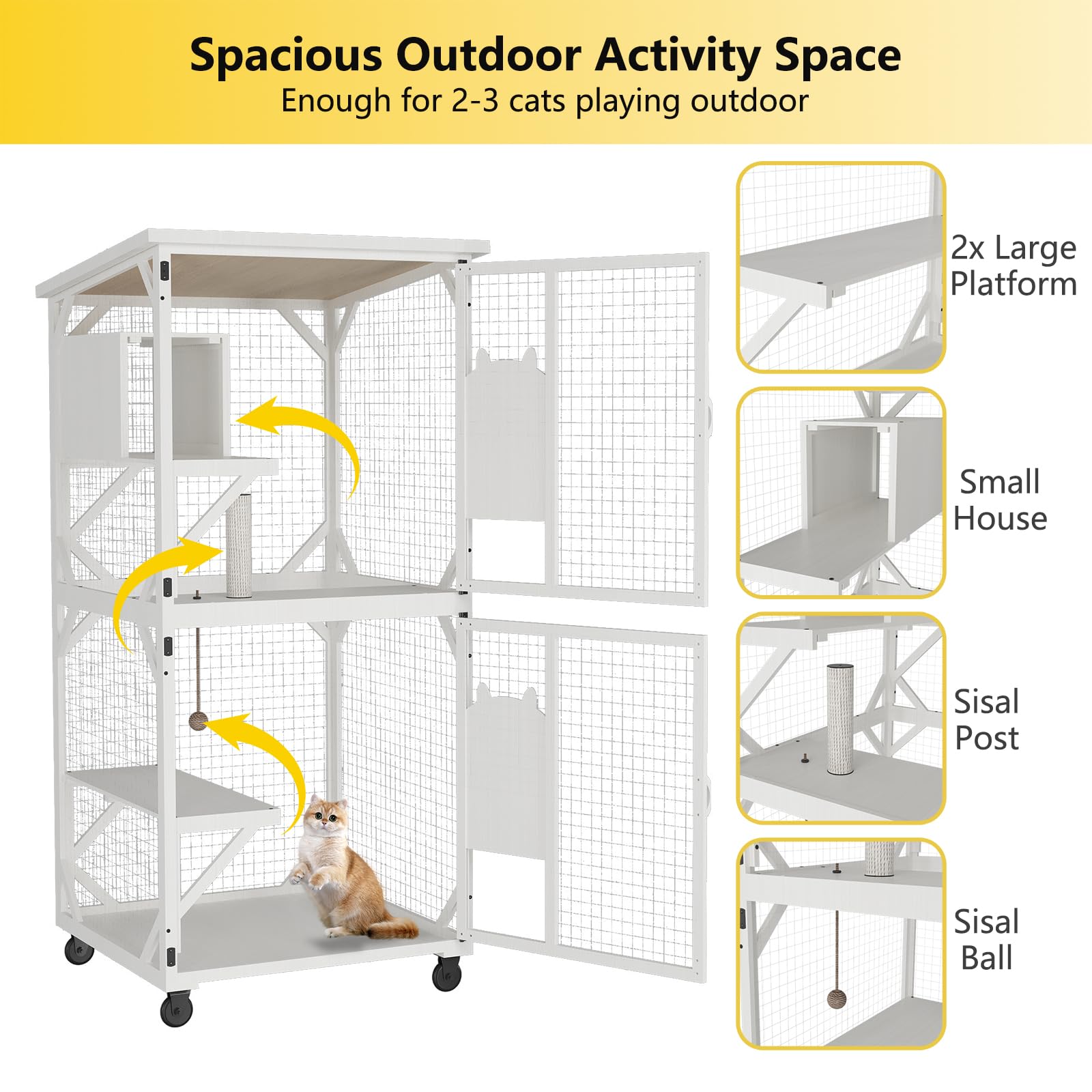 Roomtec Catio Outdoor Cat Enclosure - Large Wooden House With Roof, 71'' H, 3 Jumping Platforms & 1 Napping House For Cats (Whit