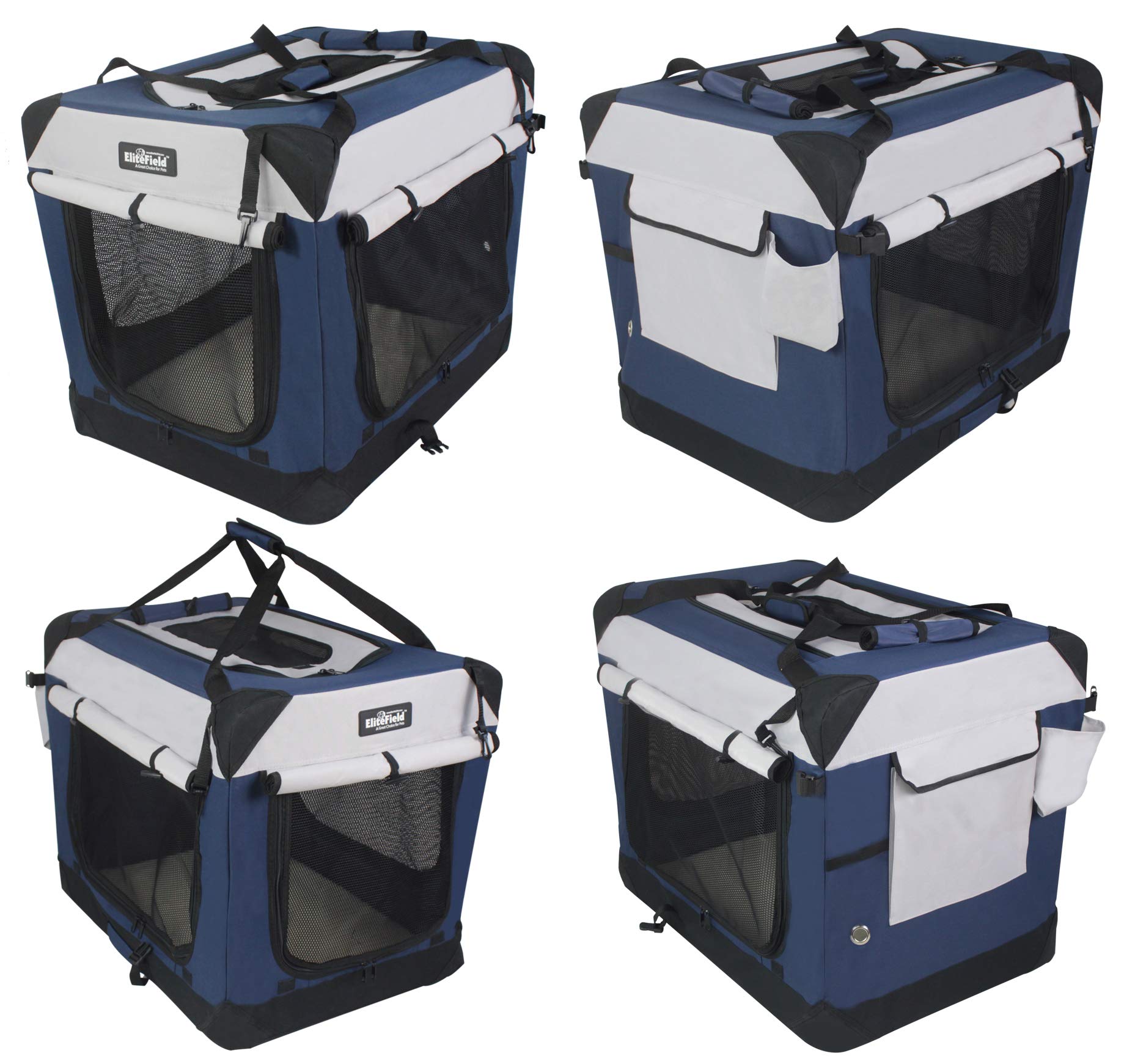 Elitefield 4-Door Folding Soft Dog Crate With Curtains, Carrying Bag And Fleece Bed (2 Year Warranty), Indoor & Outdoor Pet Home (36' L X 24' W X 28' H, Navy Blue +Gray)