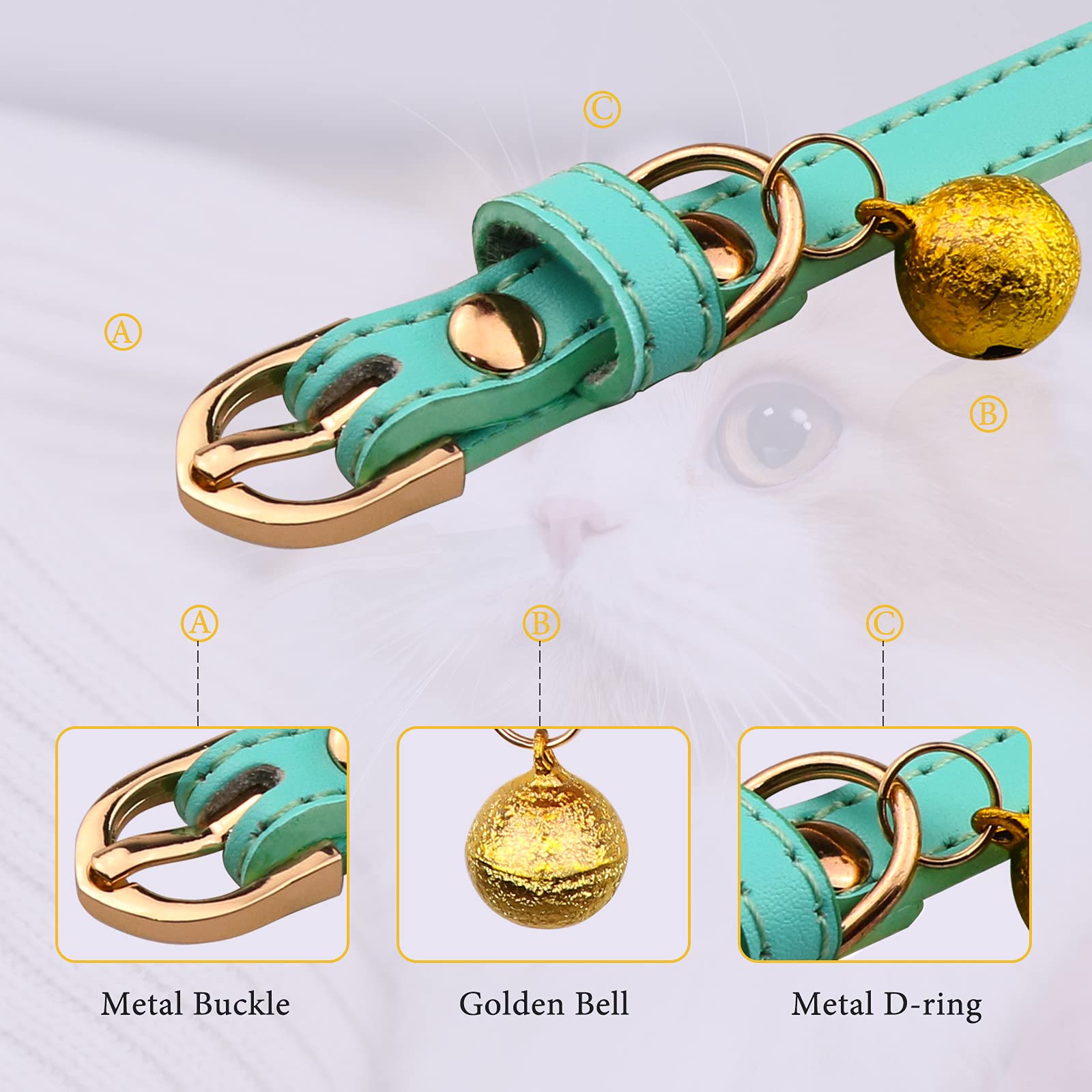 Jamktepat 3 Pack Leather Cat Collars With Bells Soft Pet Safety Collar Kitten Collars With Bell Orange Yellow Mint Green(S)