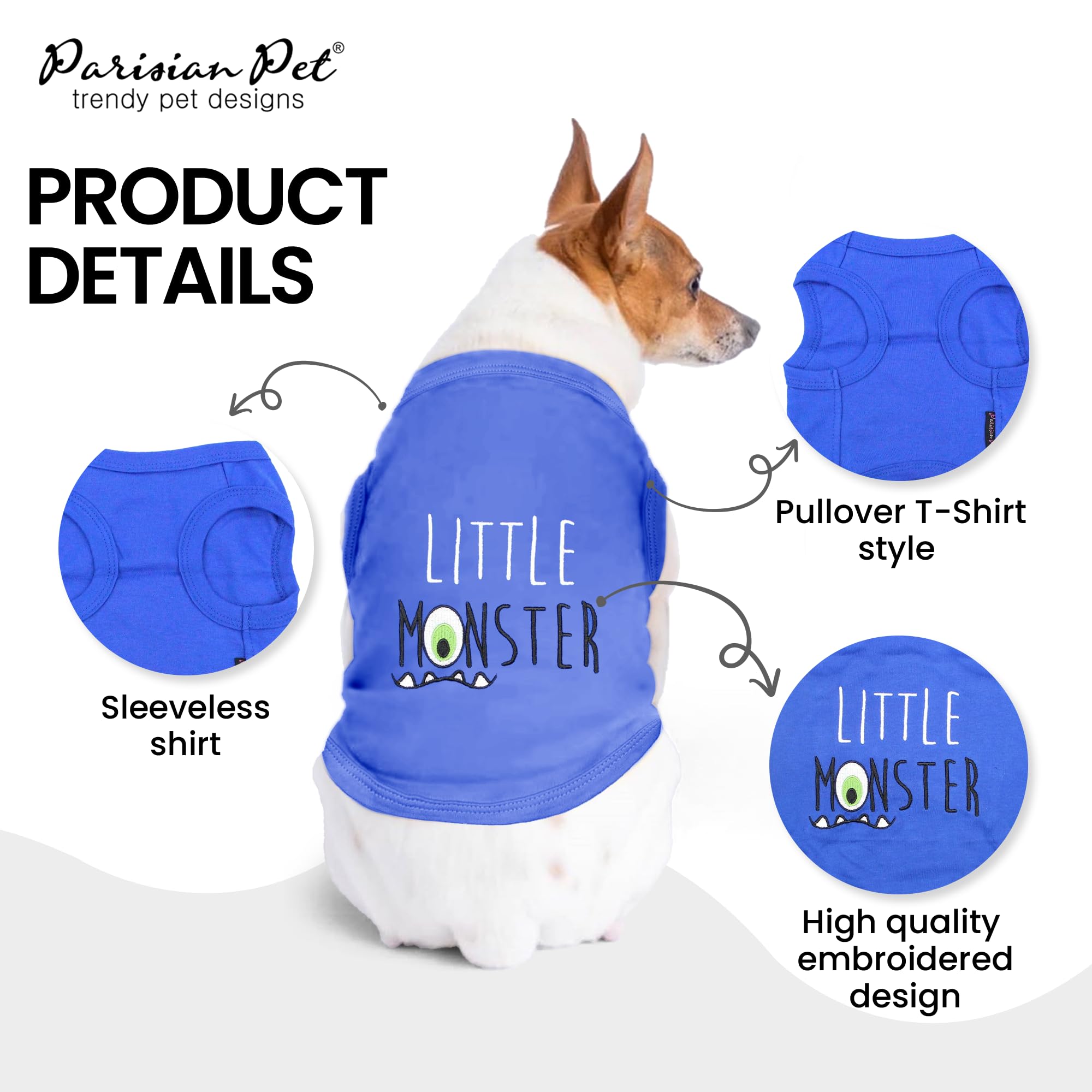 Parisian Pet Dog Tshirt - Embroidered “ Little Monster “ Boy Dog Shirt - Pure Cotton And Lightweight Dog Clothes - Sleeveless Blue Dog Tee Shirts - Machine Washable Dog Shirts For Medium Dogs - M