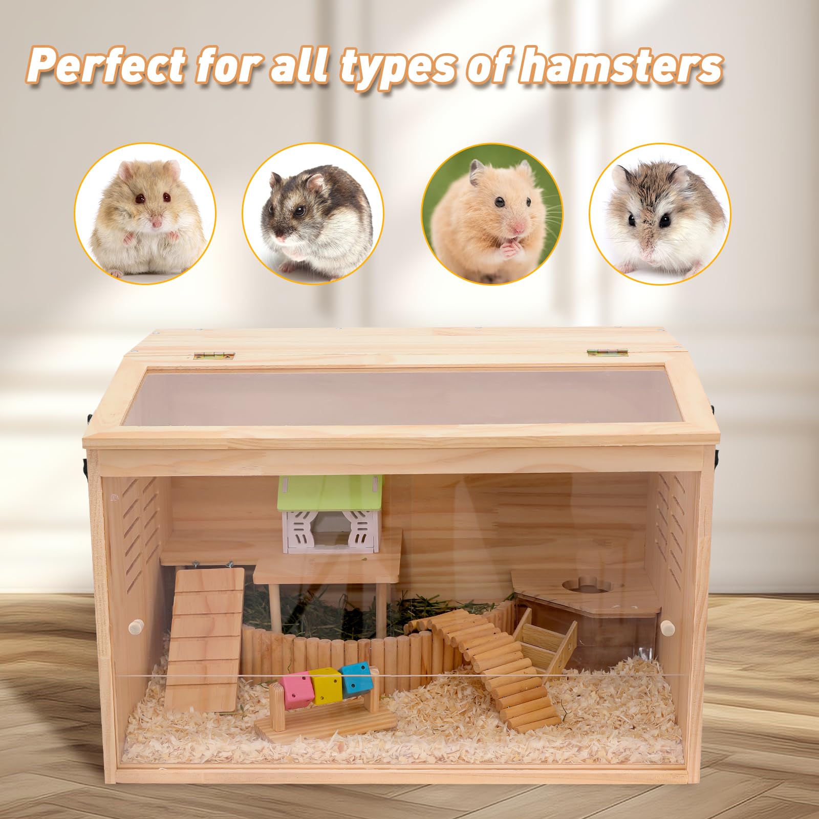 Wooden Hamster Cage,24'' Lx16 Wx16 H,Animal Cabinet For Dwarf Syrian Hamsters Degus, Hamster Habitat With Openable Top And Large