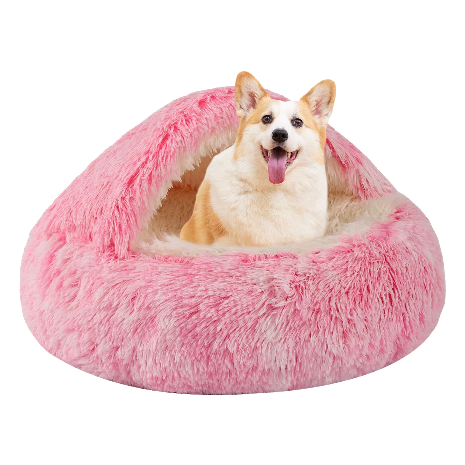 Round Hooded Cat & Dog Bed Cave, Faux Fur Cuddler - Donut Bed Fits Up To 5 Lbs Pets (Pink, 16'' X 16'')