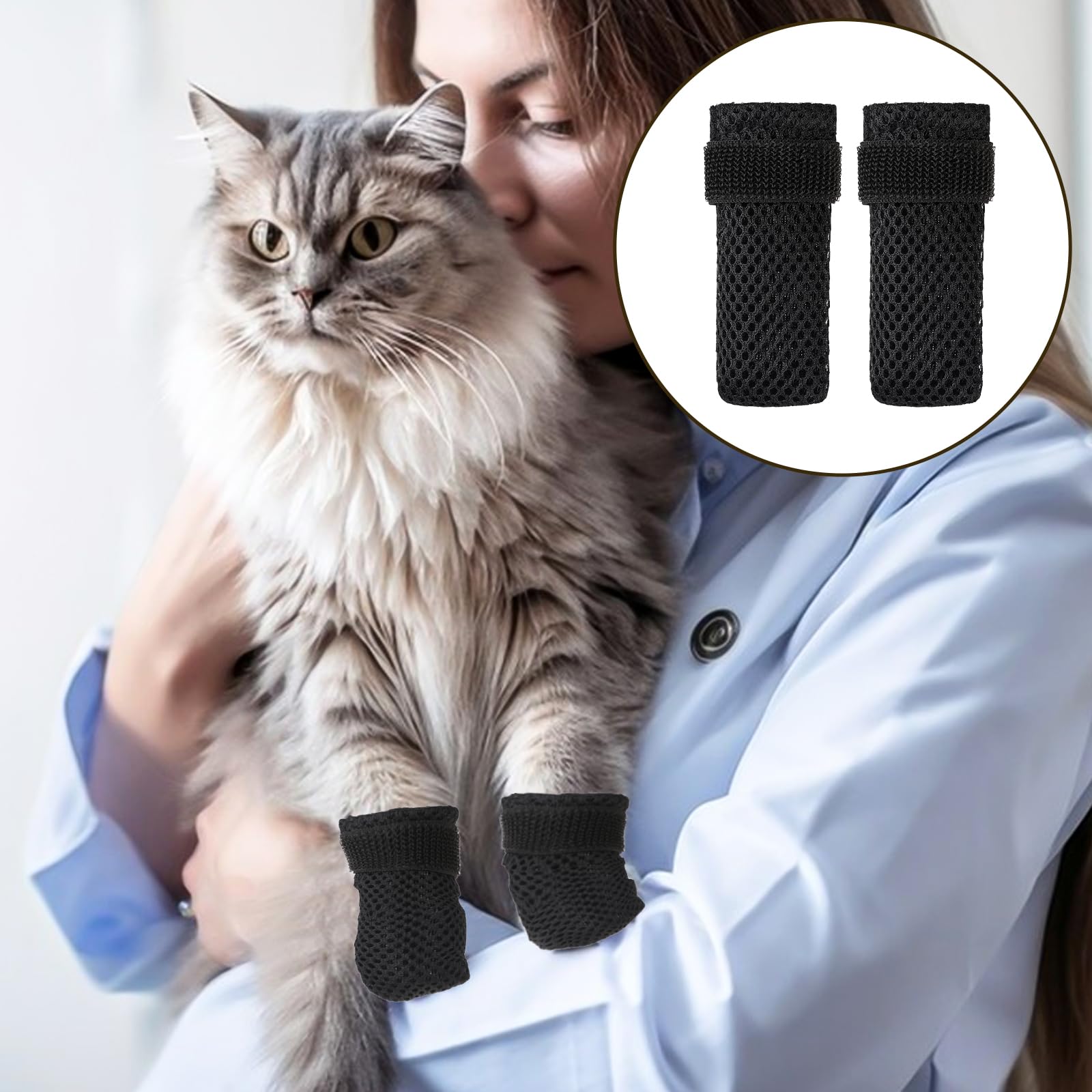 Kalione Cat Boots, 4 Packs Cat Claw Covers, Black Anti Scratch Cat Mittens, Breathable Mesh Cat Foot Covers, Adjustable Cat Claw