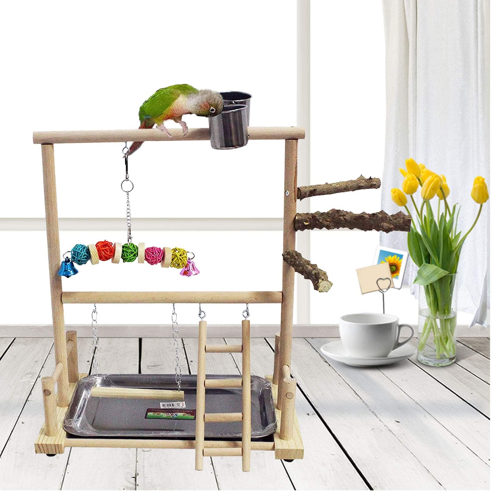 Kathson Bird Play Stand Parrot Perch Stand Natural Wood Bird Playground Playstand For Cockatiel Conures Parakeet Parrots Budgie Lovebird Finch Small Birds