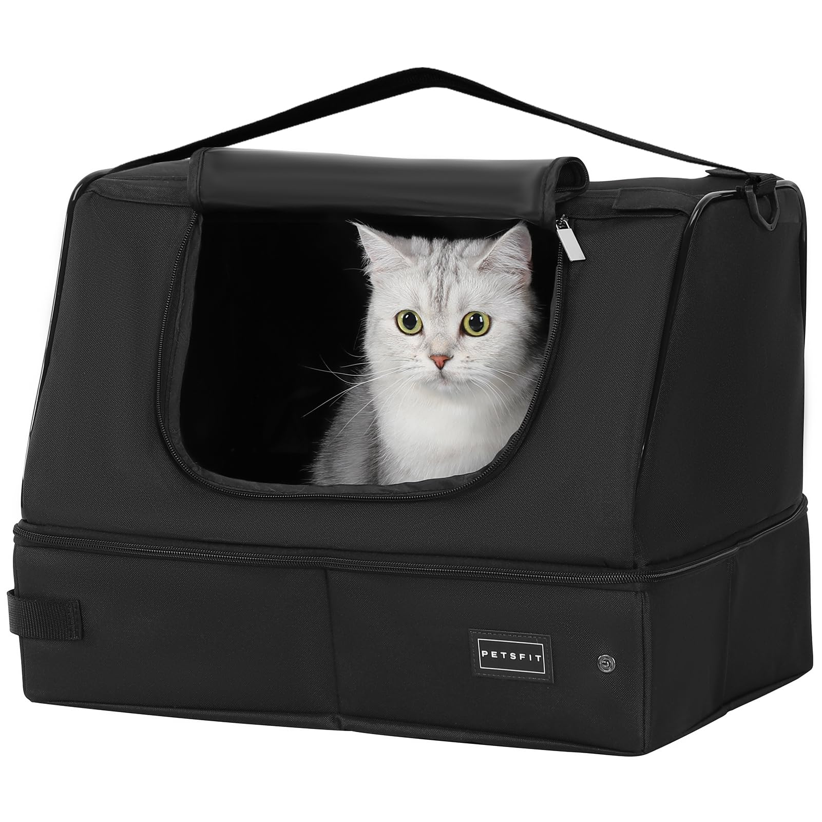 Petsfit Upgrade Travel Portable Cat Litter Box For Medium Cats & Kitties,Leak-Proof, Lightweight, Foldable (Black(With Lid), 17' Lx13 Wx12.5 H)