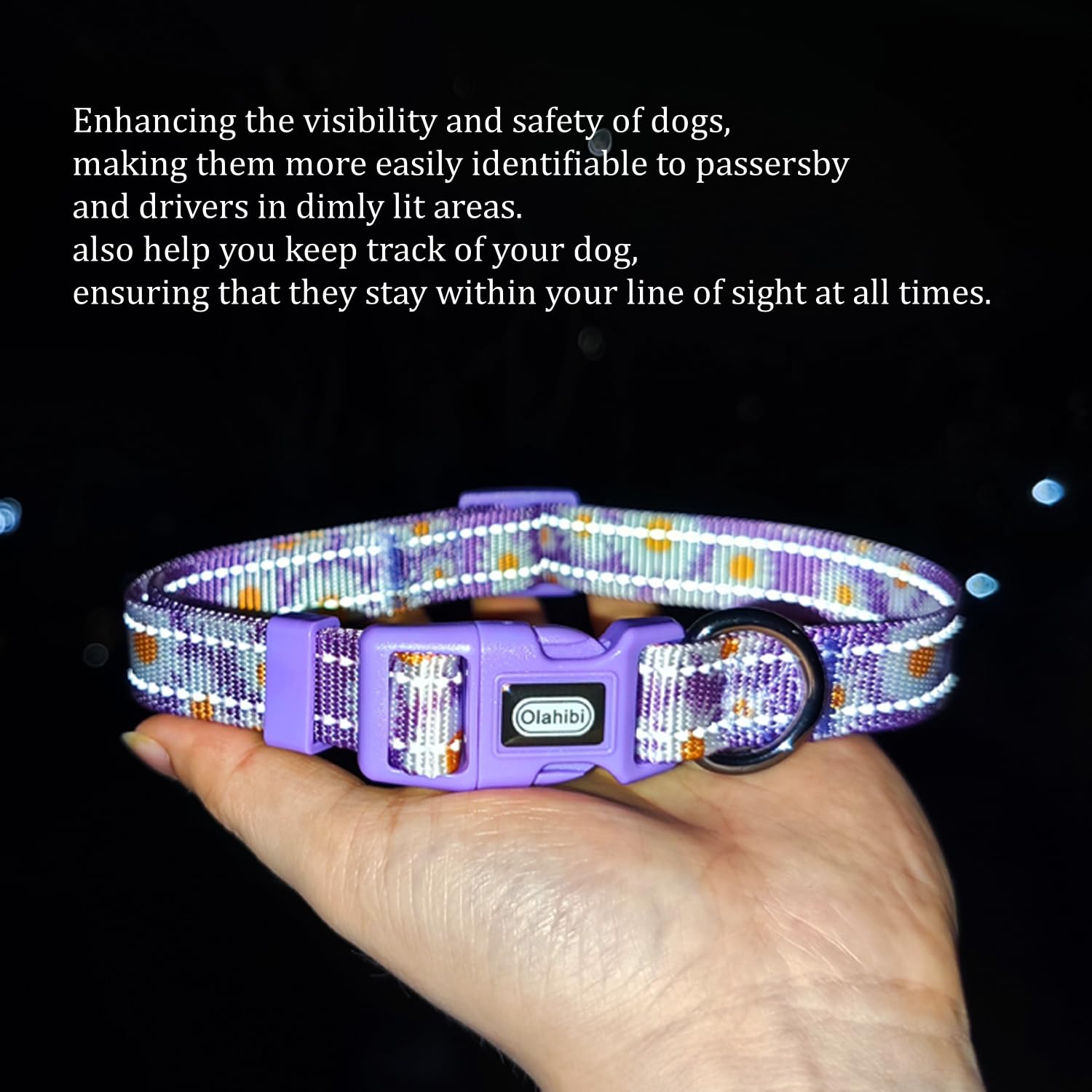 Olahibi Floral Pattern Dog Collar, Pretty Daisy Print, Durable Nylon With Reflective Stripes, Adjustable Length, For Large Dogs.