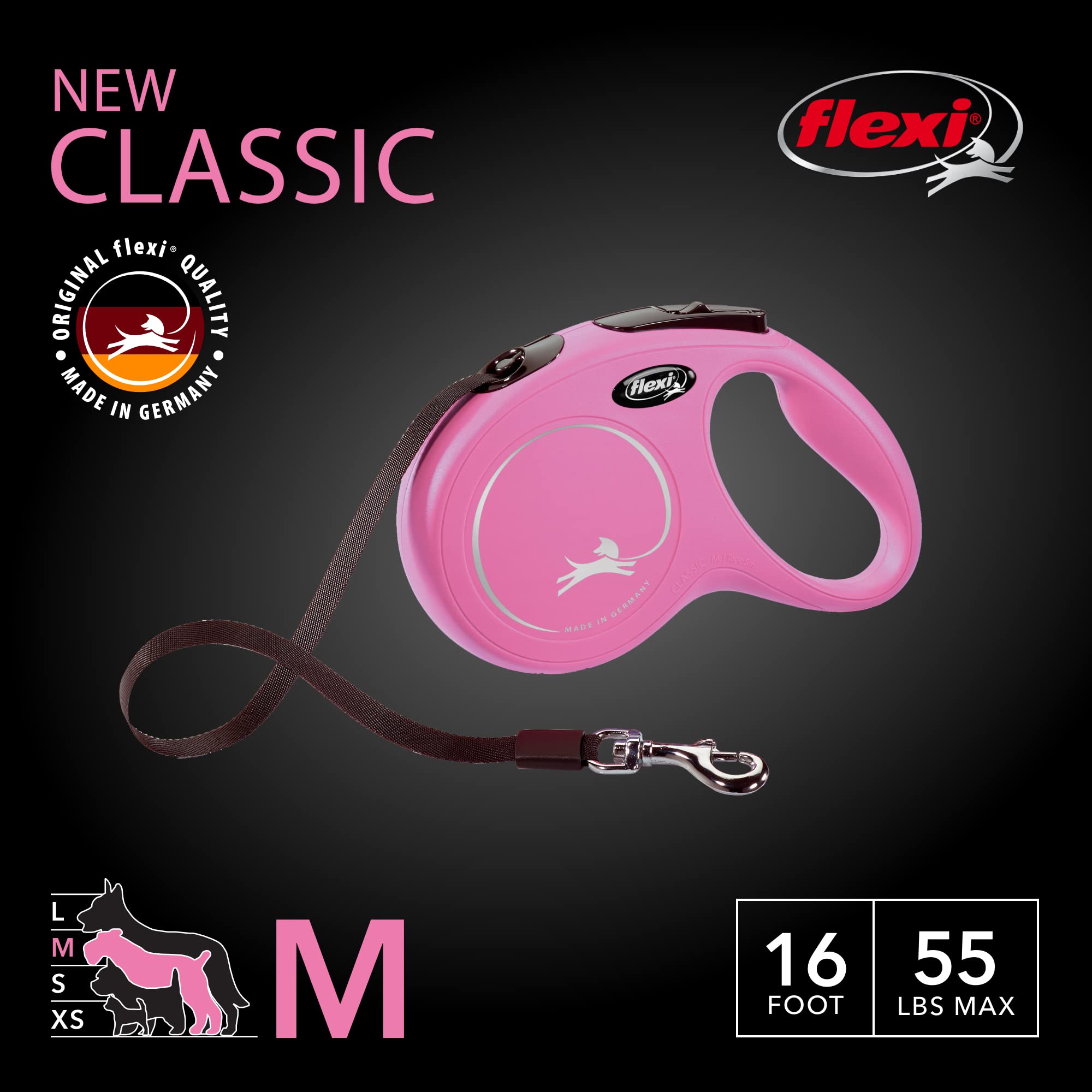 Flexi New Classic Tape Retractable Dog Leash For Medium Dogs Upto 55 Lbs. – 16 Ft., Pink | Tangle Free Pet Walking Leash With One-Handed Brake, Pause, Lock | German Quality Product