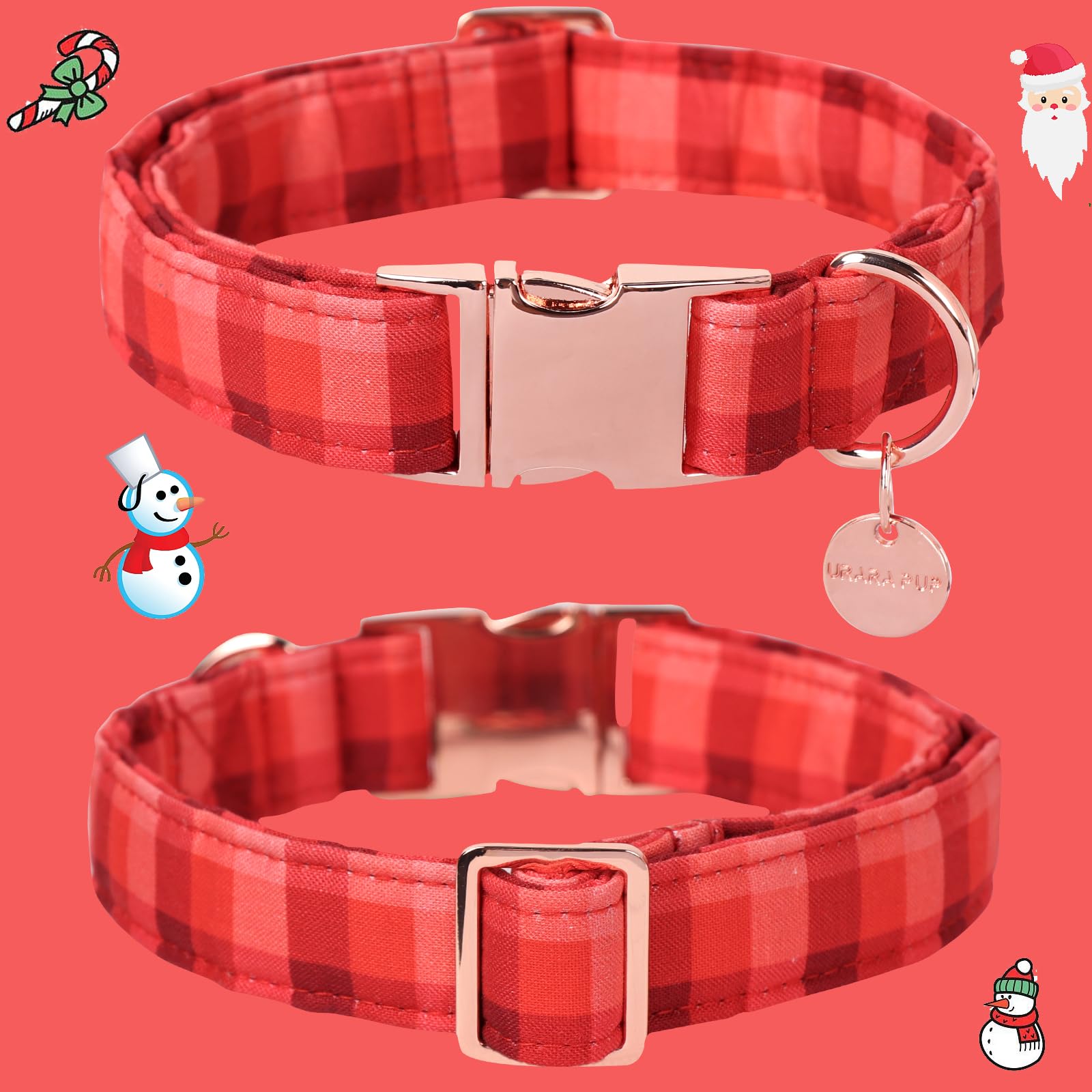 Up Urara Pup Christmas Dog Collar, Christmas Collar For Puppy Girl Boy Dog Or Cat, Red Plaid Dog Collar With Durable Metal Buckl