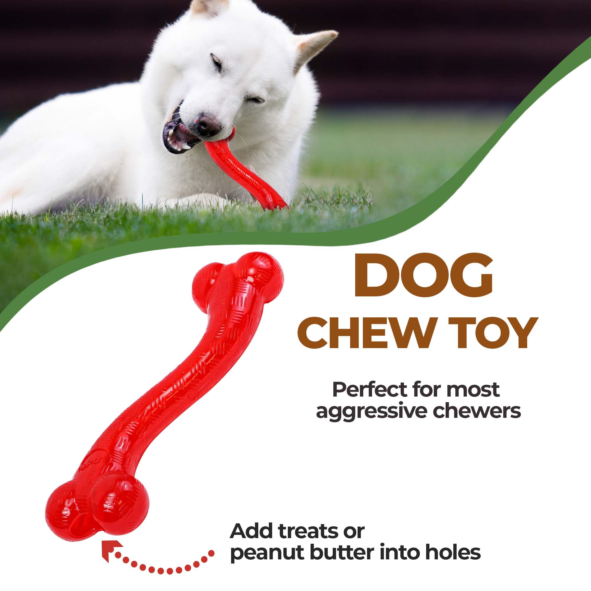 SPOT Play Strong S Bone - Durable TPR, Long Lasting Dog Chew for Aggressive Chewers, Hollow Center to Hide Treats, Virtually Ind