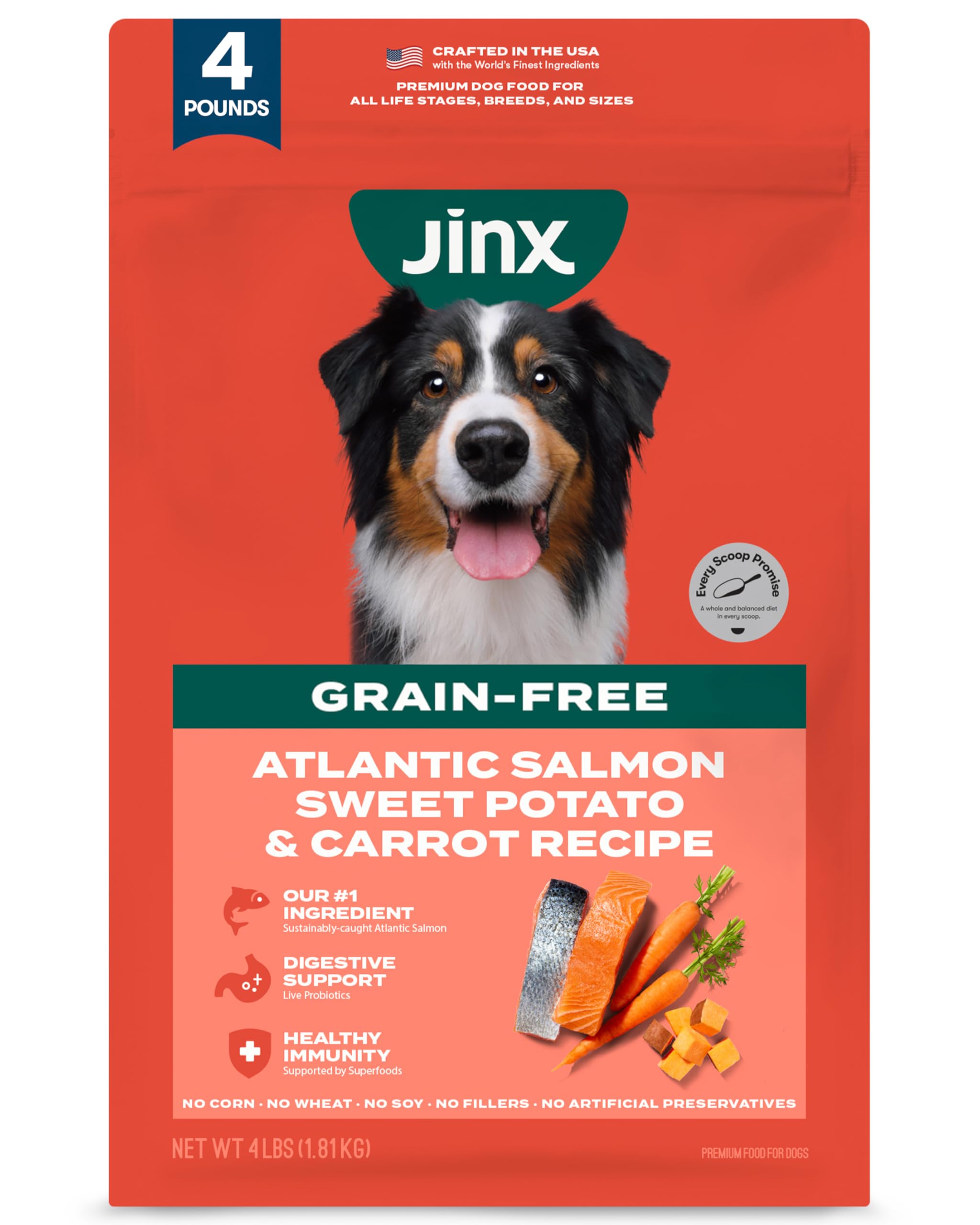 Jinx Premium Grain-Free Dry Dog Food, for All Lifestages - Real Salmon, Sweet Potato & Carrot Puppy Kibble with Superfoods for I
