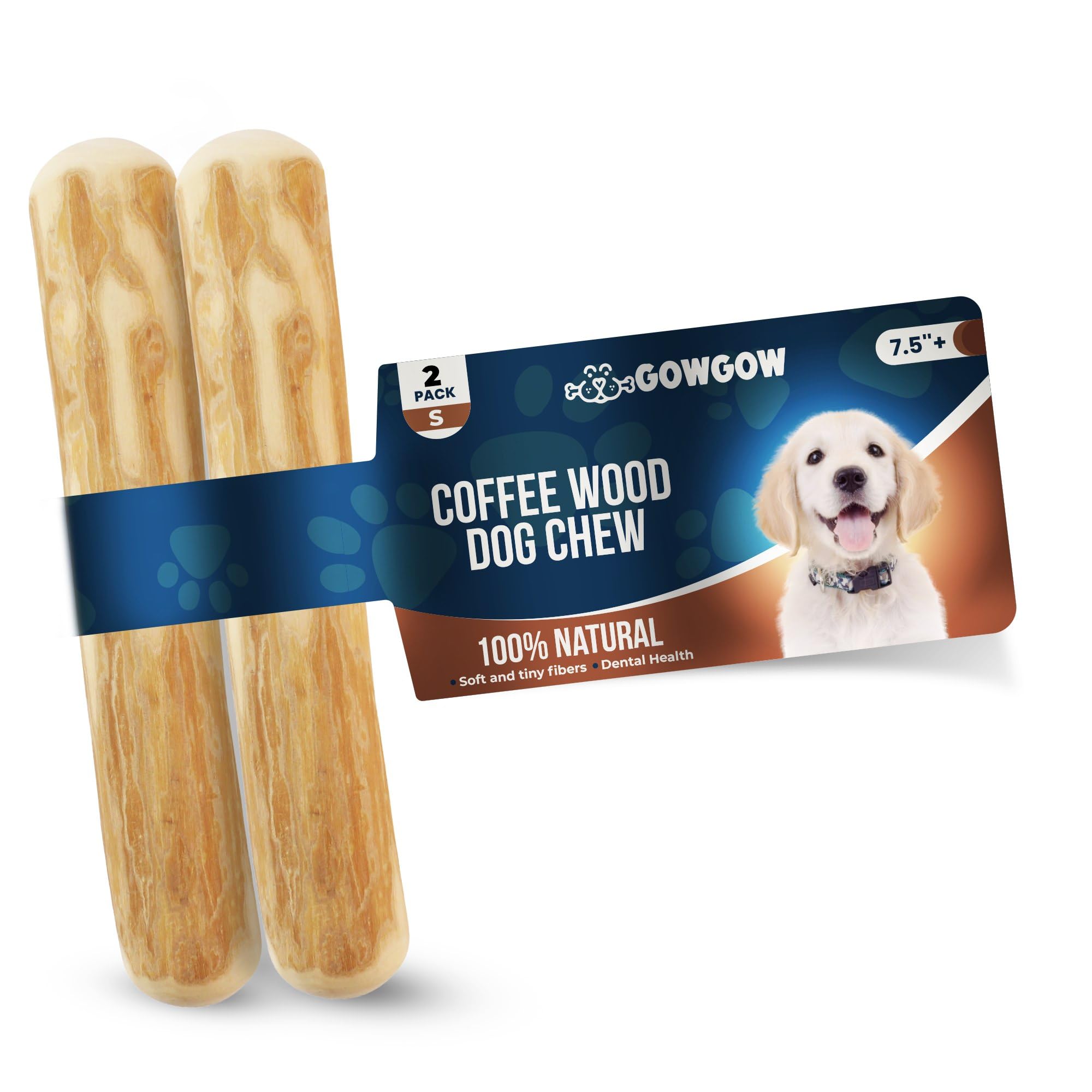 Gowgow Coffee Wood Dog Chew Stick For Small Dogs, 7.5'', 2 Pack Size S - 100% Natural Chew Toys - Teeth Cleaning, Stress Relief,