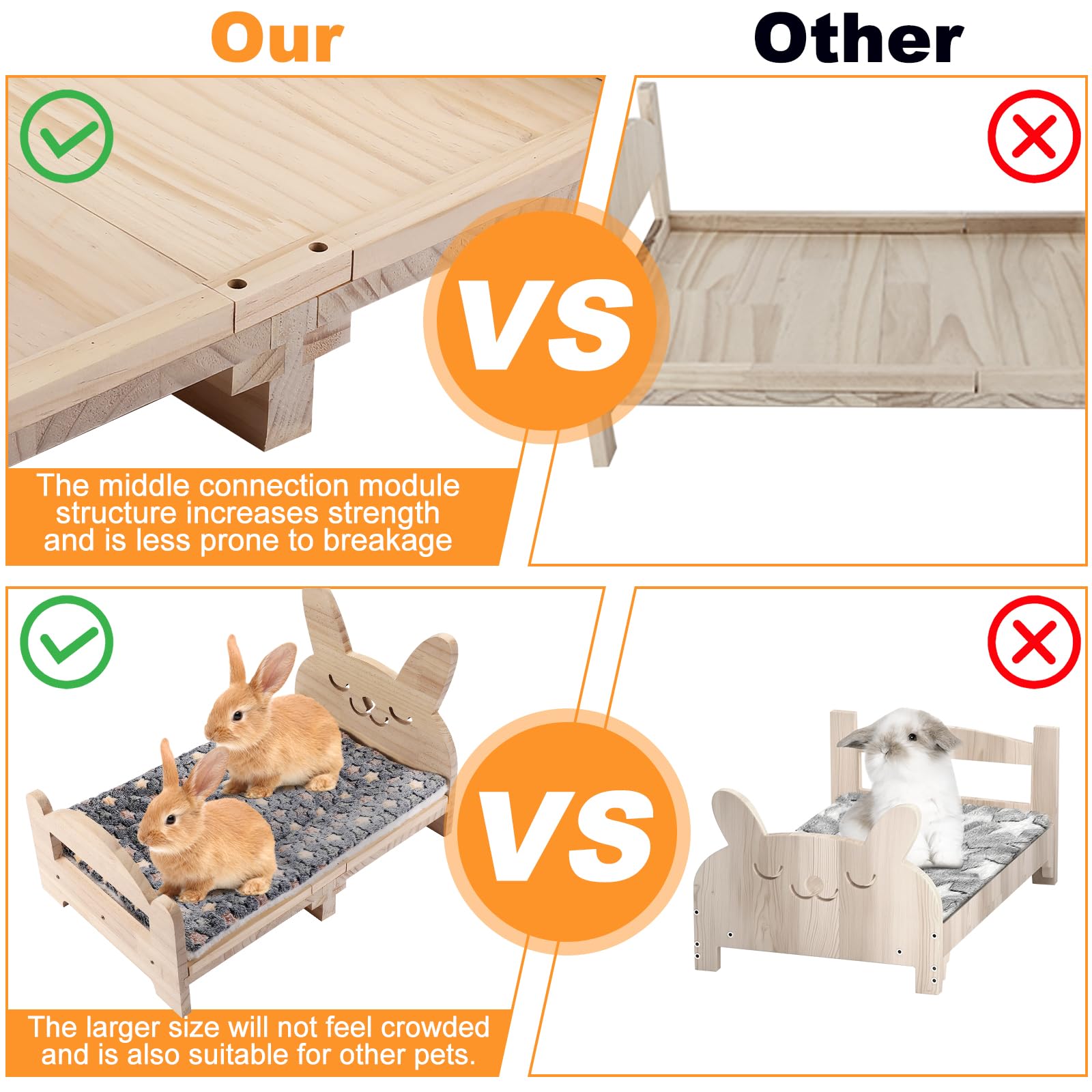 Essenhome Large Wooden Rabbit Bed - Easy Assemble 20.4'X12.8' Pet Bed With Support Structure & Removable Cushion For Rabbits,