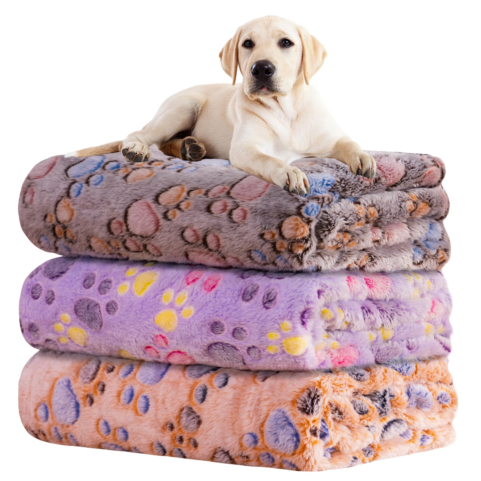 Rezutan Dog Blankets 3 Pack Large Medium Dog Cat Soft Fuzzy Washable Comfort Flannel Fuzzy Soft Pet Blankets, 41 X 31 Inch,Tan/P