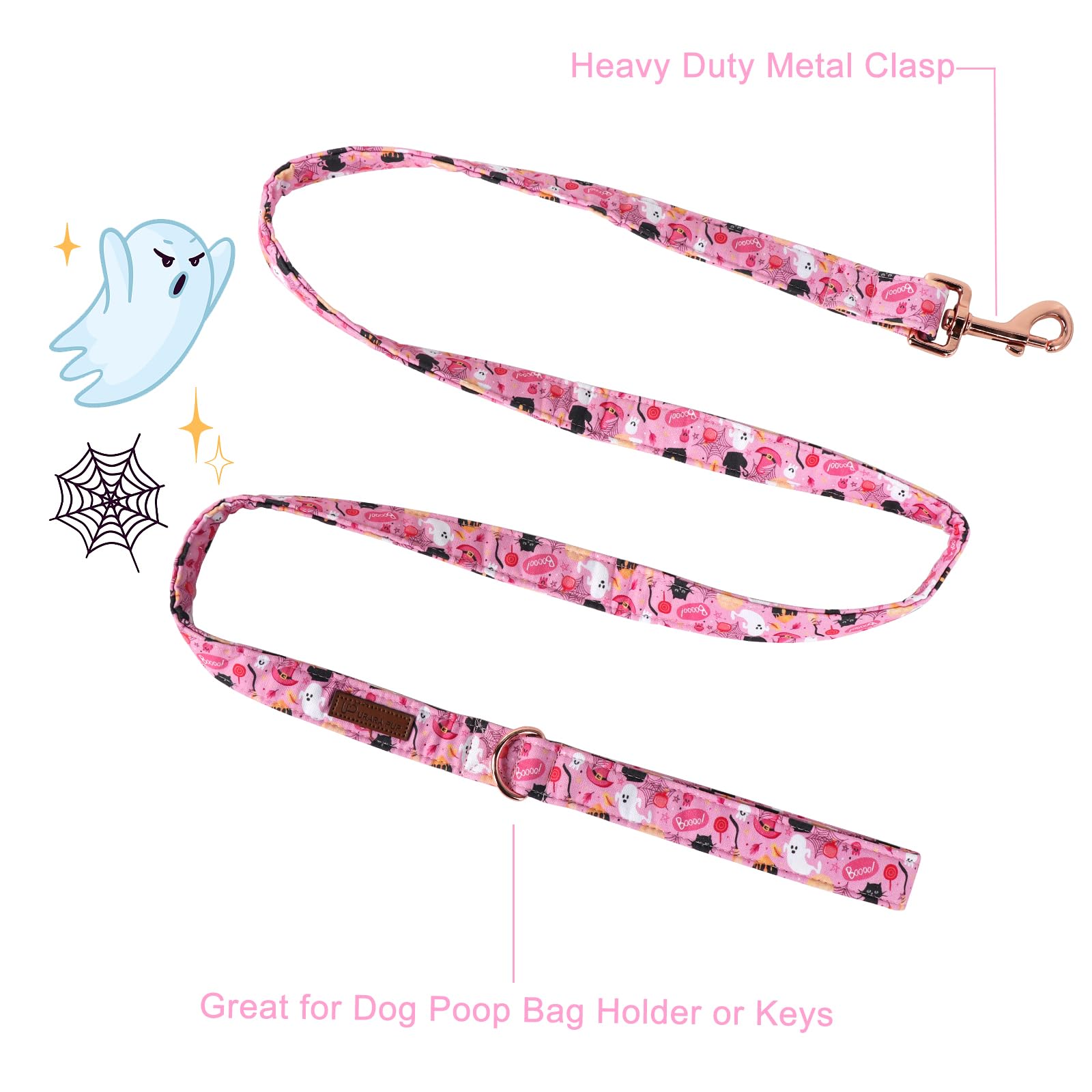 Up Urara Pup Halloween Dog Leash & Collar Set, Sturdy Durable Cotton, Pink, Small To Large Dogs