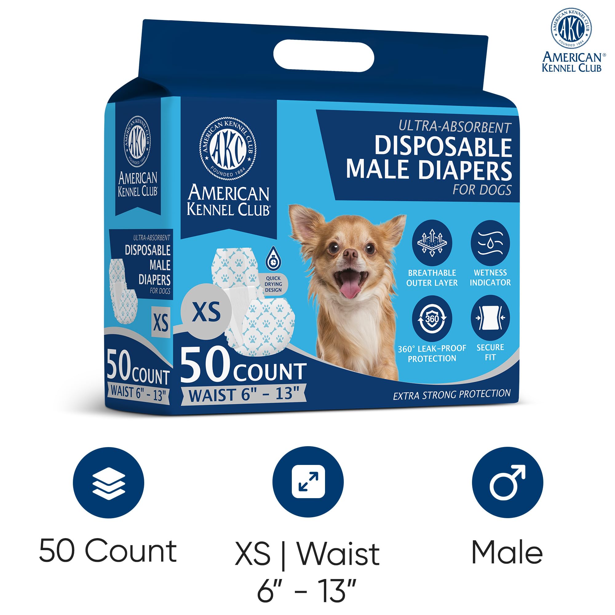 American Kennel Club Male Dog Wrap, Disposable Diapers With Wetness Indicator, X-Small, 50 Count