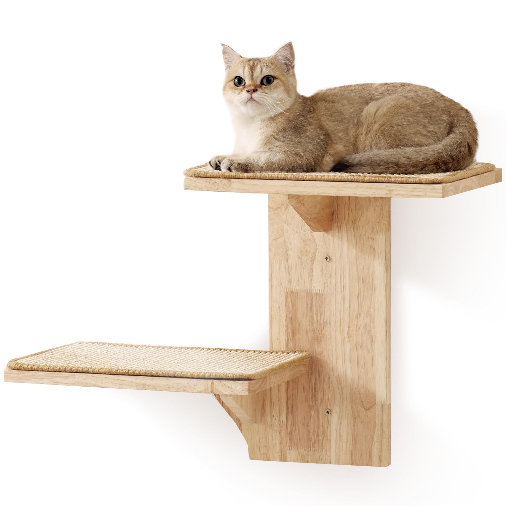 FUKUMARU Cat Wall Shelves, 2 Platform Cats Walls Furniture, Tree Shape Kitten Floating Shelf with Soft Cushion Perch, Solid Rubb