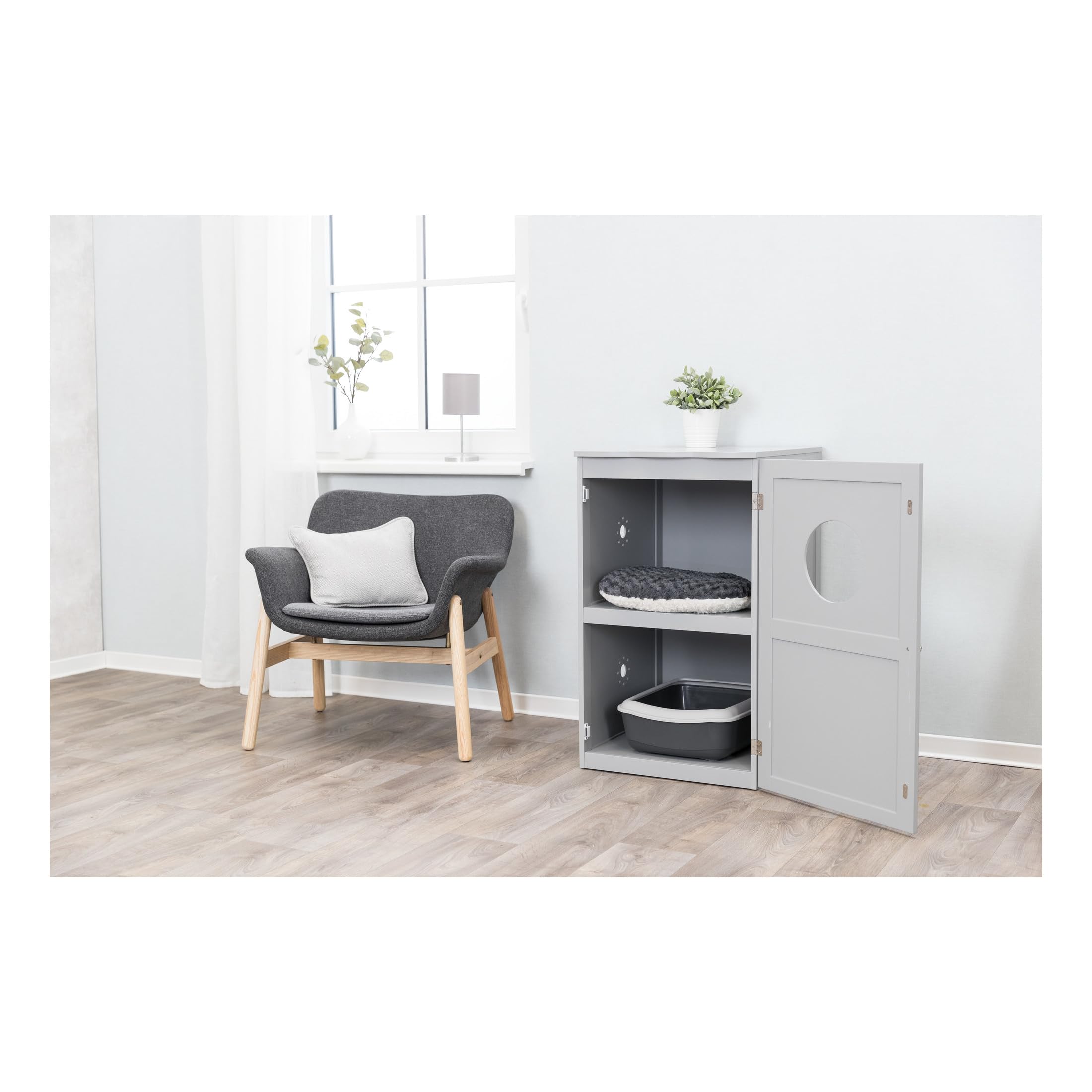 Trixie 2 Story Furniture Litter Box Enclosure (Gray), Hidden Litter Box For Cats, Double Layer, Big Front Door For Easy Cleaning