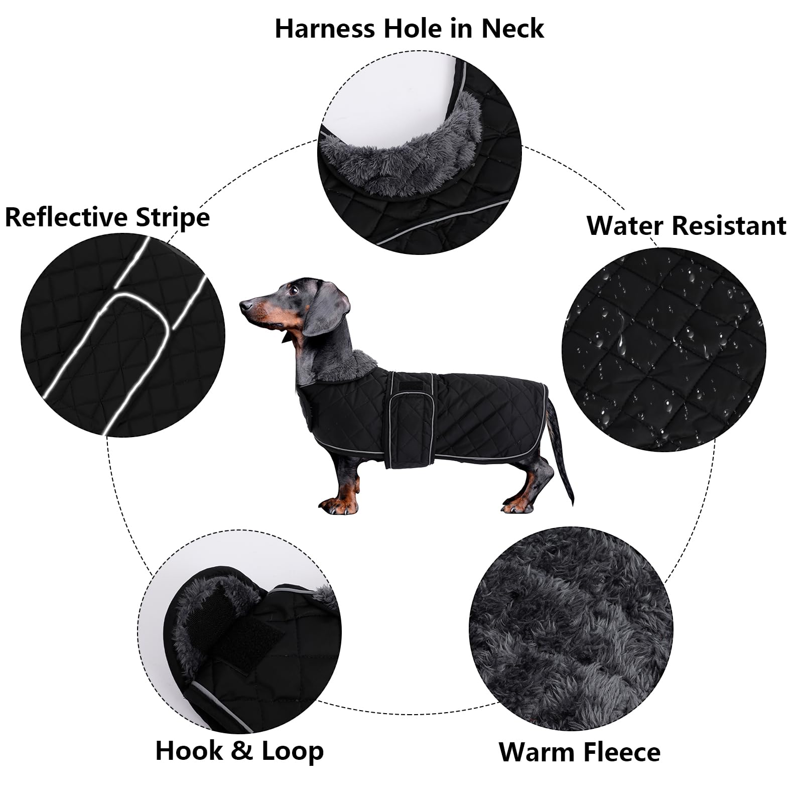 Morezi Dachshund Coats, Dachshund Coat, Coat For Dachshund, Dog Winter Coat With Padded Fleece Lining, Outdoor Dog Apparel With Adjustable Bands - Black - L