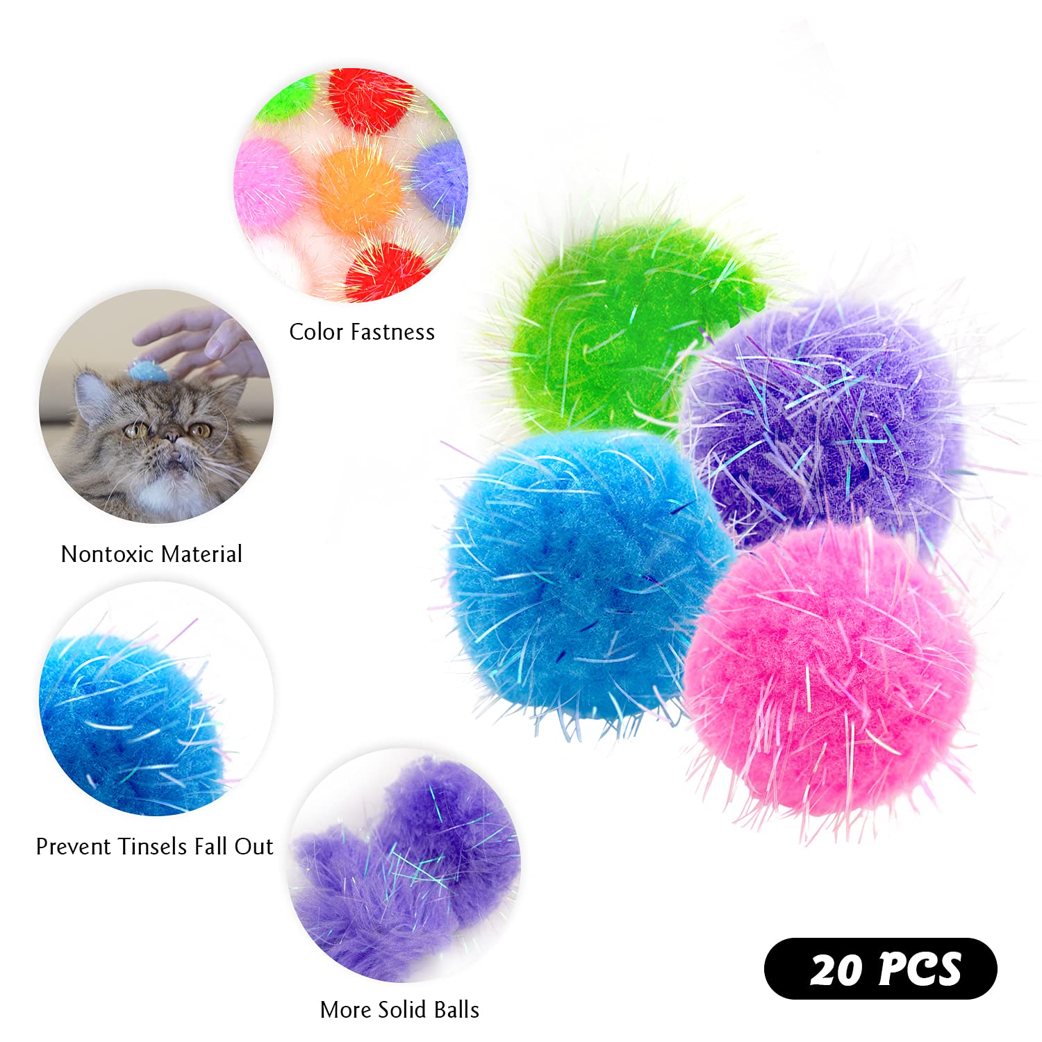 Rimobul 20Pcs 1.5Inch Extra Large Cat'S Favorite Chase Glitter Ball Toy Sparkle Pom Pom Balls