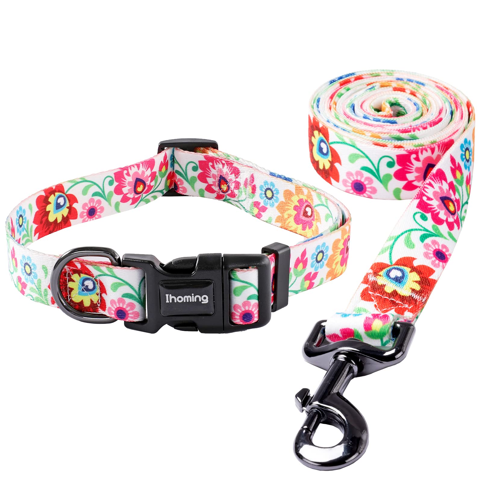 Ihoming Dog Collar and Leash Set for Daily Outdoor Walking Running Training, White Colorful Flowers Design for Large Boys Girls 