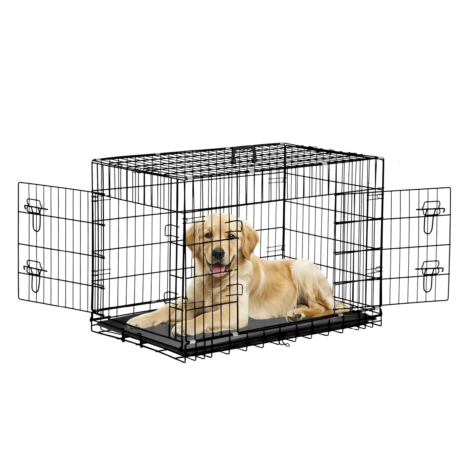 42 Inch Large Dog Crate Dog Kennel Pet Cage Metal Wire Crates Pet Cages Double-Door Folding Kennels With Handle Leak-Proof Pan T