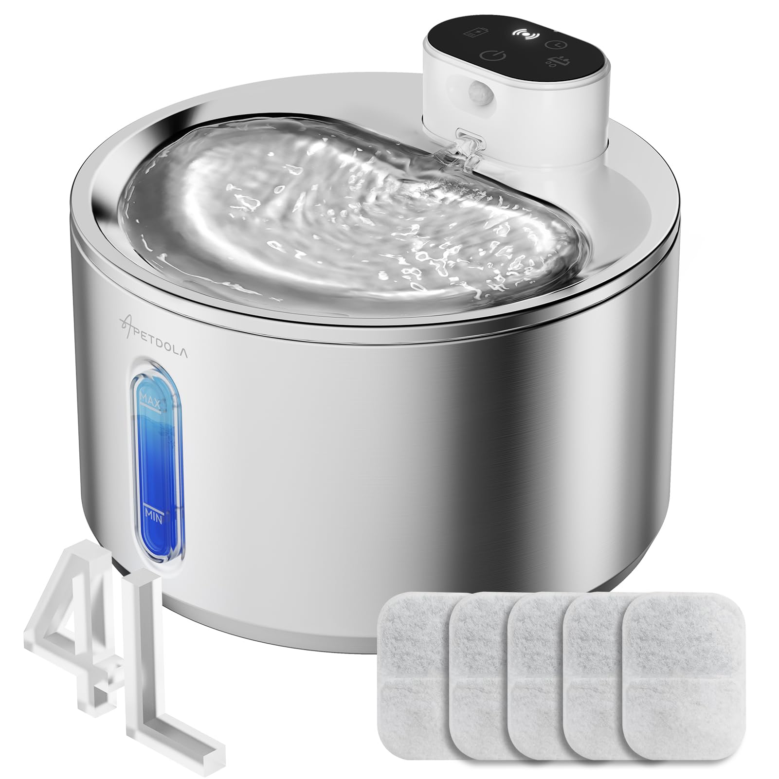 Cat Water Fountain Stainless Steel,135fl-oz/4L Wireless Cat Fountain Battery Operated Pet Fountain with 5 Filters for Dogs Cats 