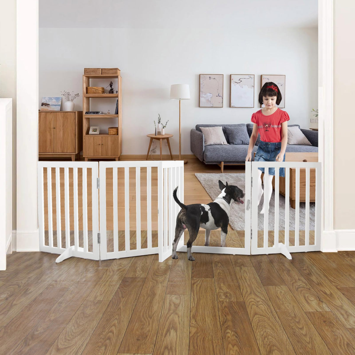 Zjsf Foldable Indoor Dog Gate For House Freestanding Dog Gates With Door Walk Through Wooden Extra Wide White Indoor Puppy Gate 
