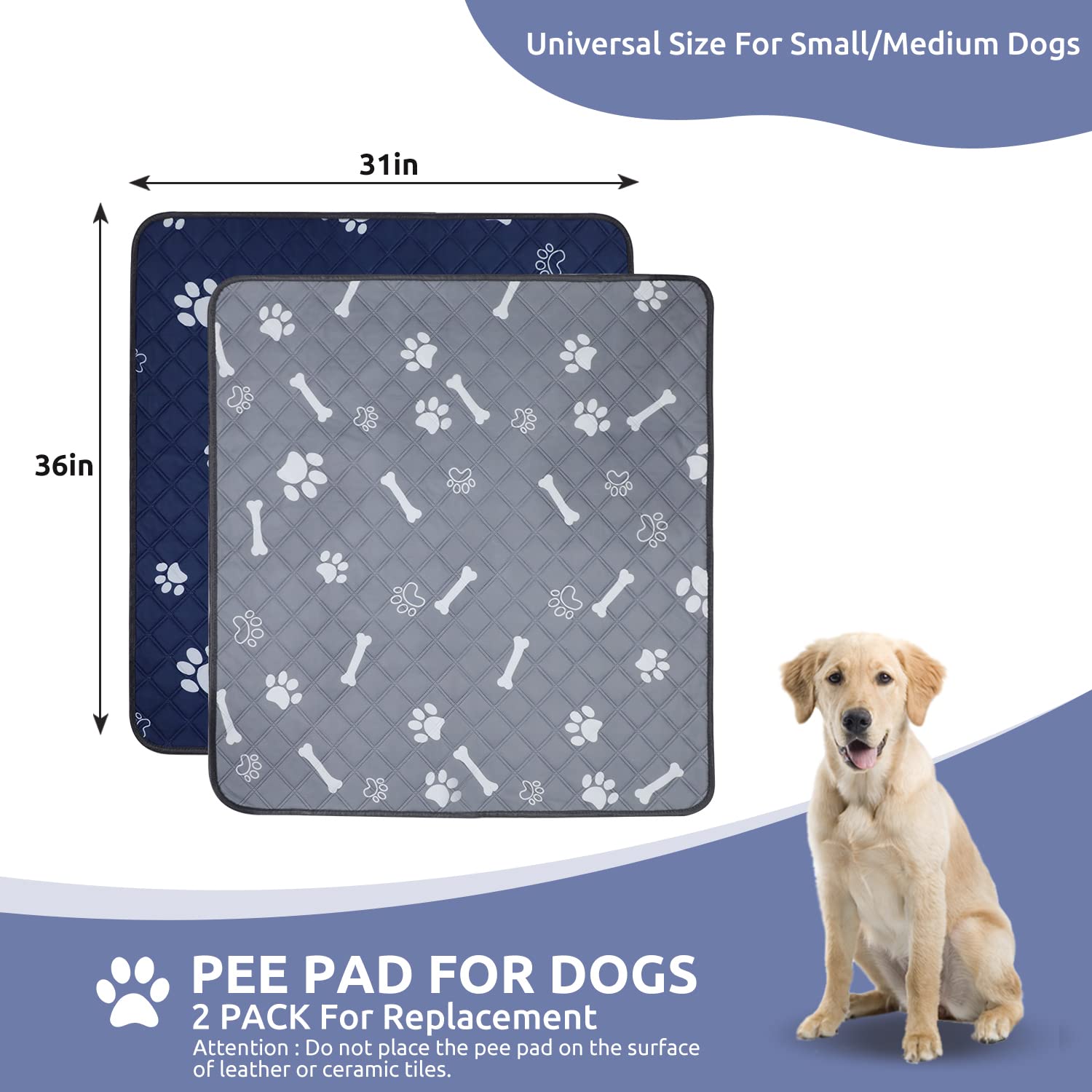 Washable Pee Pads for Dogs 2 Pack,36*31 Reusable Puppy Pads Pet Training Pads with Great Absorbent,Leakproof Fabric and Non