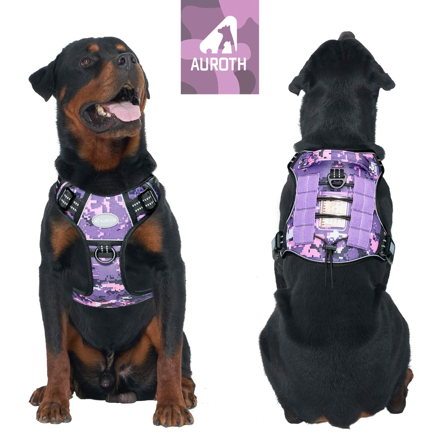 Auroth Tactical Dog Harness For Small Medium Large Dogs No Pull Adjustable Pet Harness Reflective K9 Working Training Easy Control Pet Vest Military Service Dog Harnesses (Xl, Purple Camo)