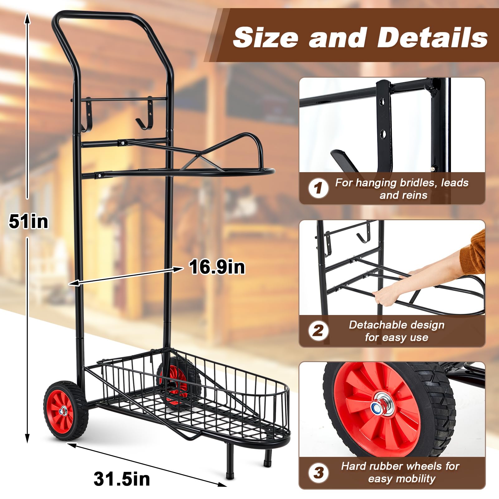 BBTO Rolling Saddle Rack Horse Tack Cart with Wheel Heavy Duty Horse Equipment Cart Dolly for Storage Moving Organize Transport