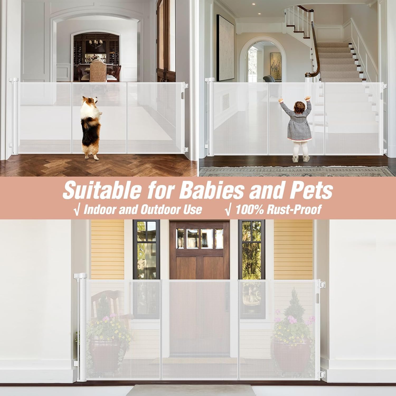 Stcockis Retractable Baby Gate - 42" Tall x 75" Wide, White, Extra Tall with Support Rods, Indoor/Outdoor Dog Gate