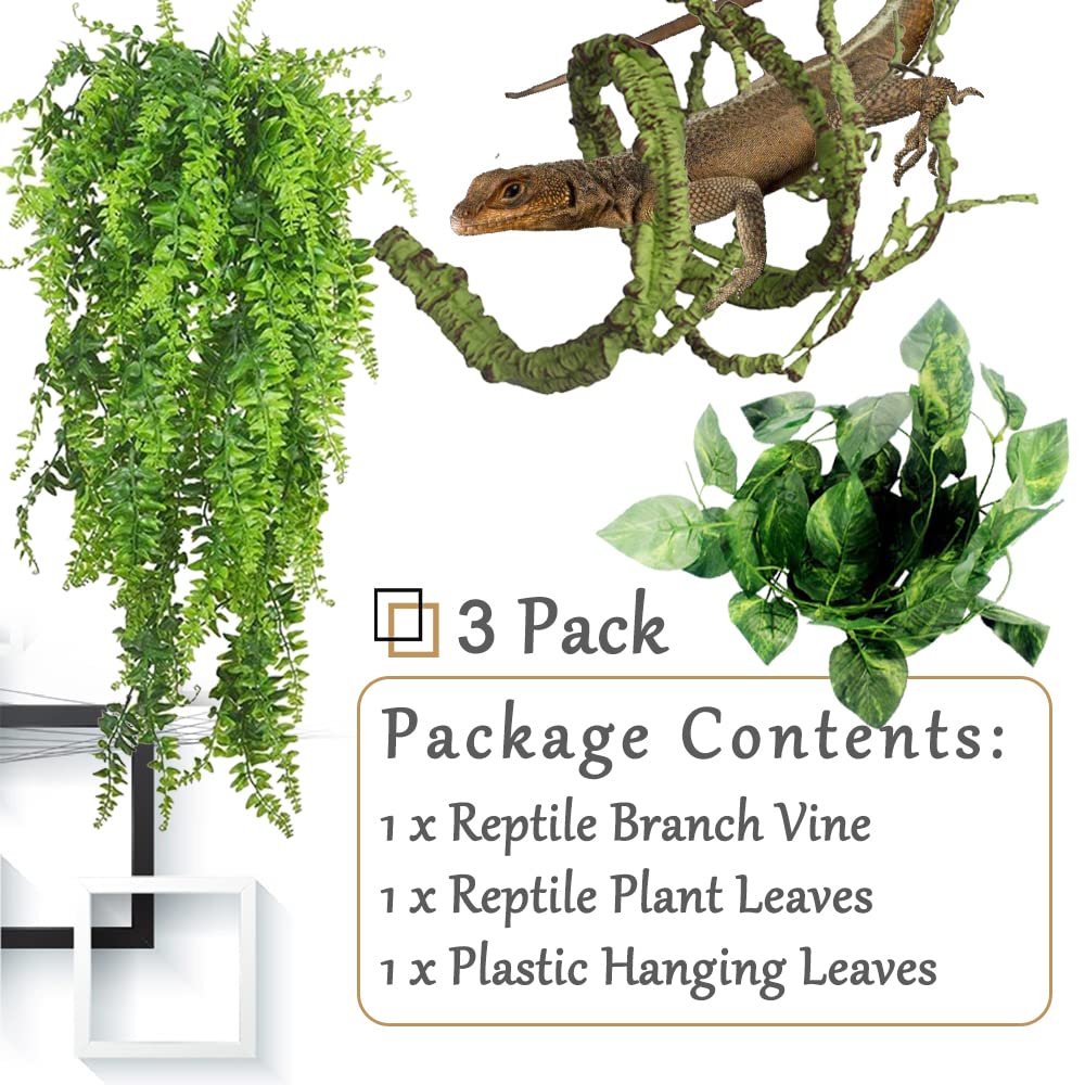 Hamiledyi Reptile Plants Bendable Jungle Climbing Vine Terrarium Branch Flexible Plastic Leaves Hanging Pet Habitat Decoration For Bearded Dragon Lizard Gecko Frog Snake Tank Accessories Decor