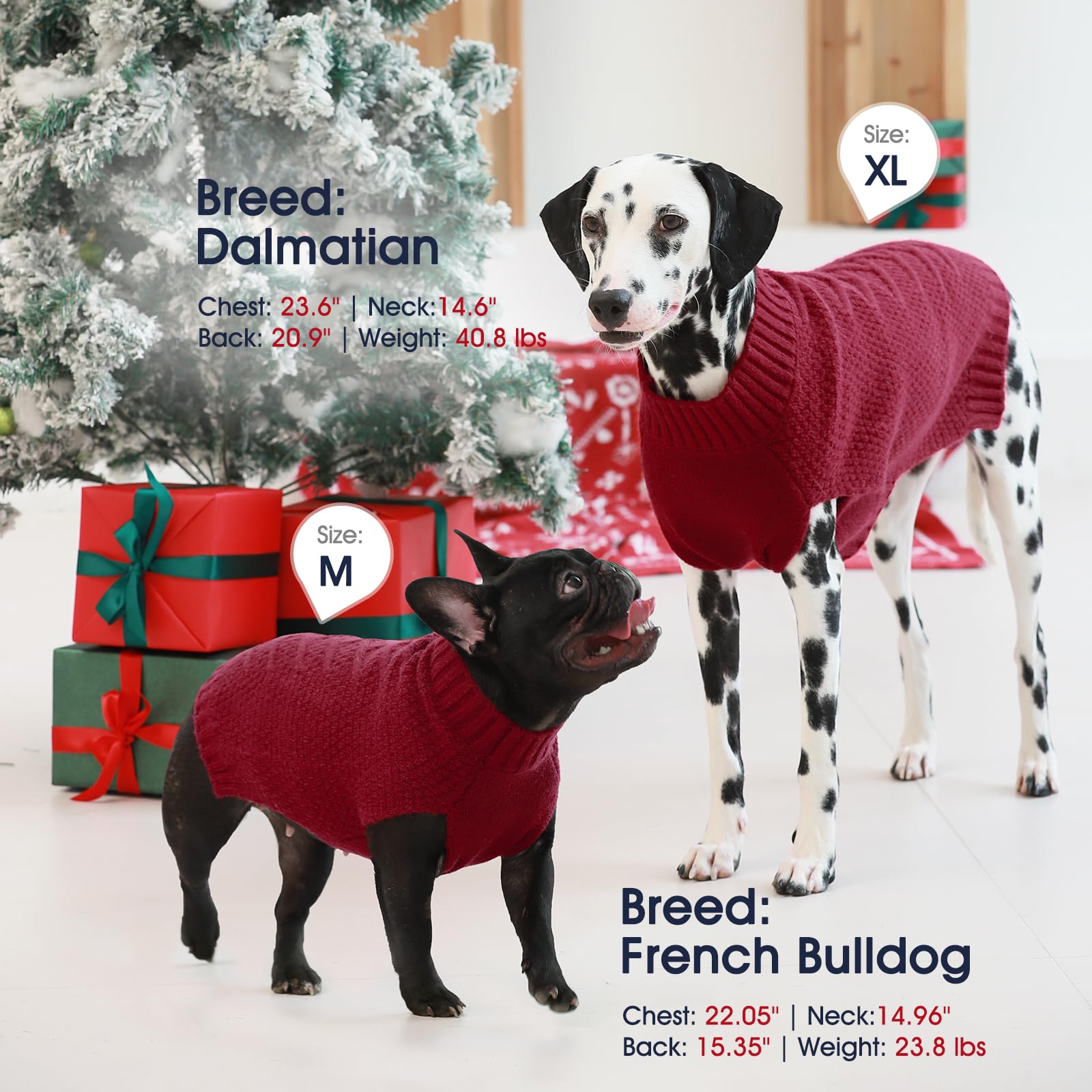 IECOii Thermal Knitted Dog Sweaters - Medium Dog Christmas Sweaters for Girls & Boys, Pug & Dachshund - Dark Red