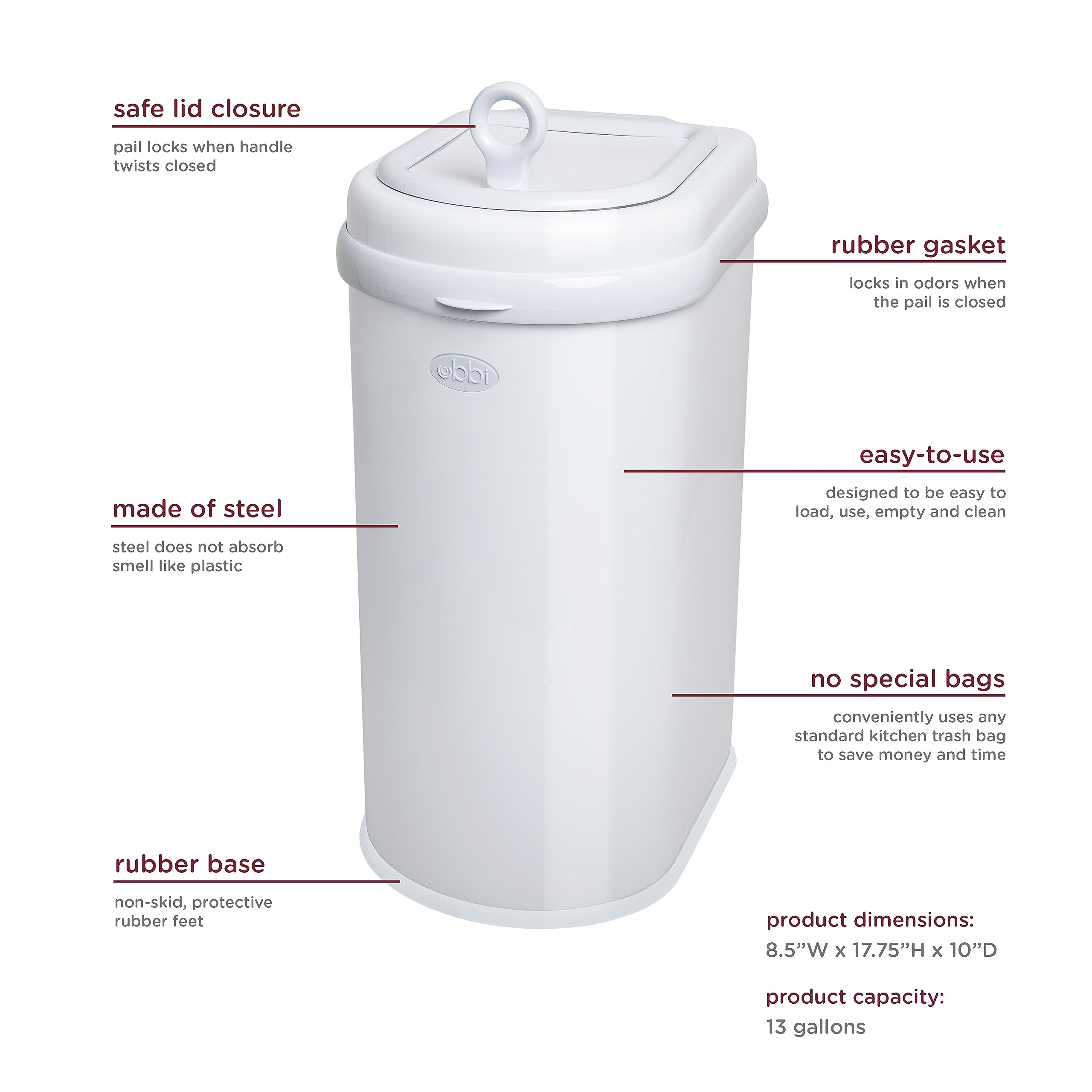 Ubbi Pet Waste Pail, Cat Litter Disposal System, Odor Locking, Chrome