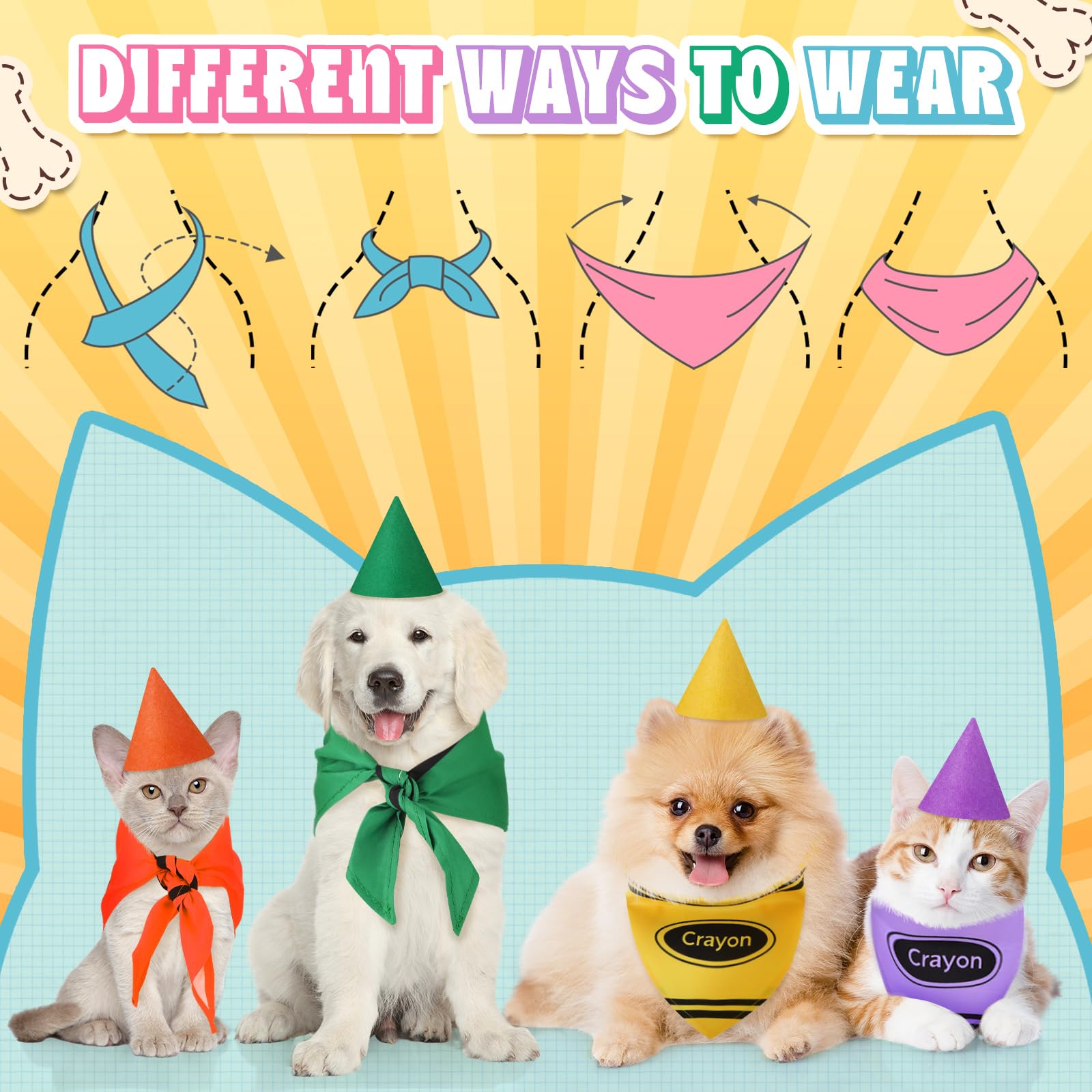 Huhumy 8 Set Halloween Dog Bandanas Costume Crayon Pet Bandana Hat Set Halloween Dog Costume Crayon Triangle Scarf Adjustable Ho