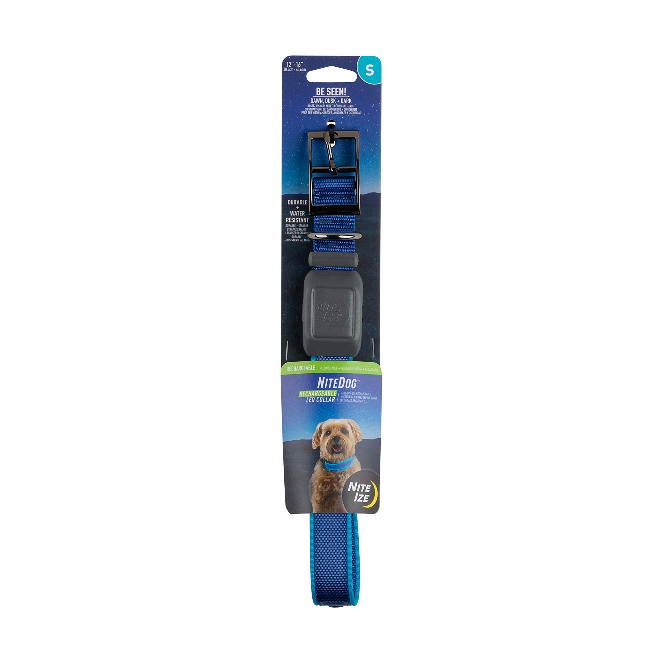 Nite Ize Nitedog Rechargeable Led Collar, Usb Rechargeable Light Up Dog Collar W/Metal Buckle, Water Resistant, Small, Blue