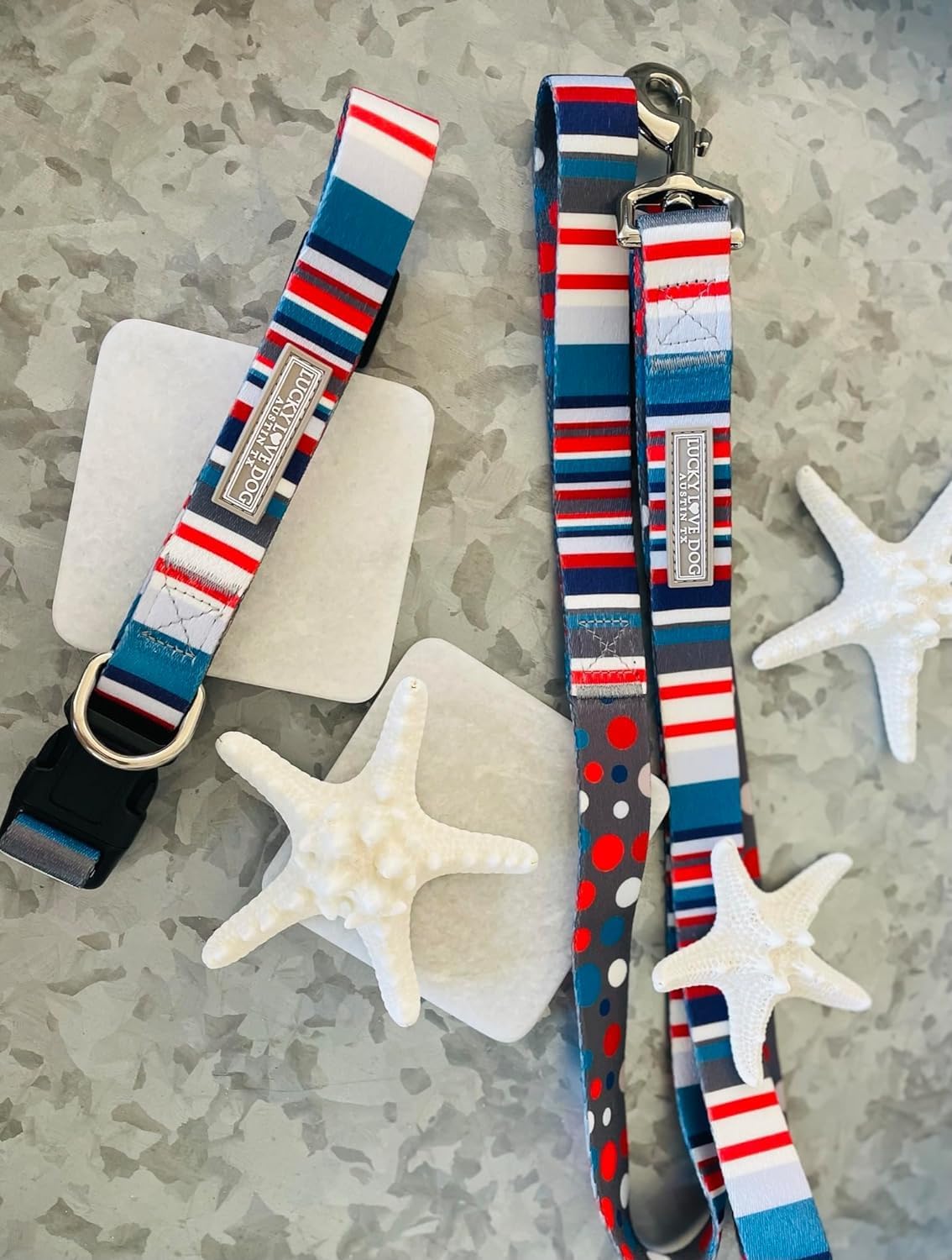 Lucky Love Nautical Polka Dot Blue Red White Striped Leash For Male Female Dogs - Durable & Long Lasting (Large, Linus Leash)